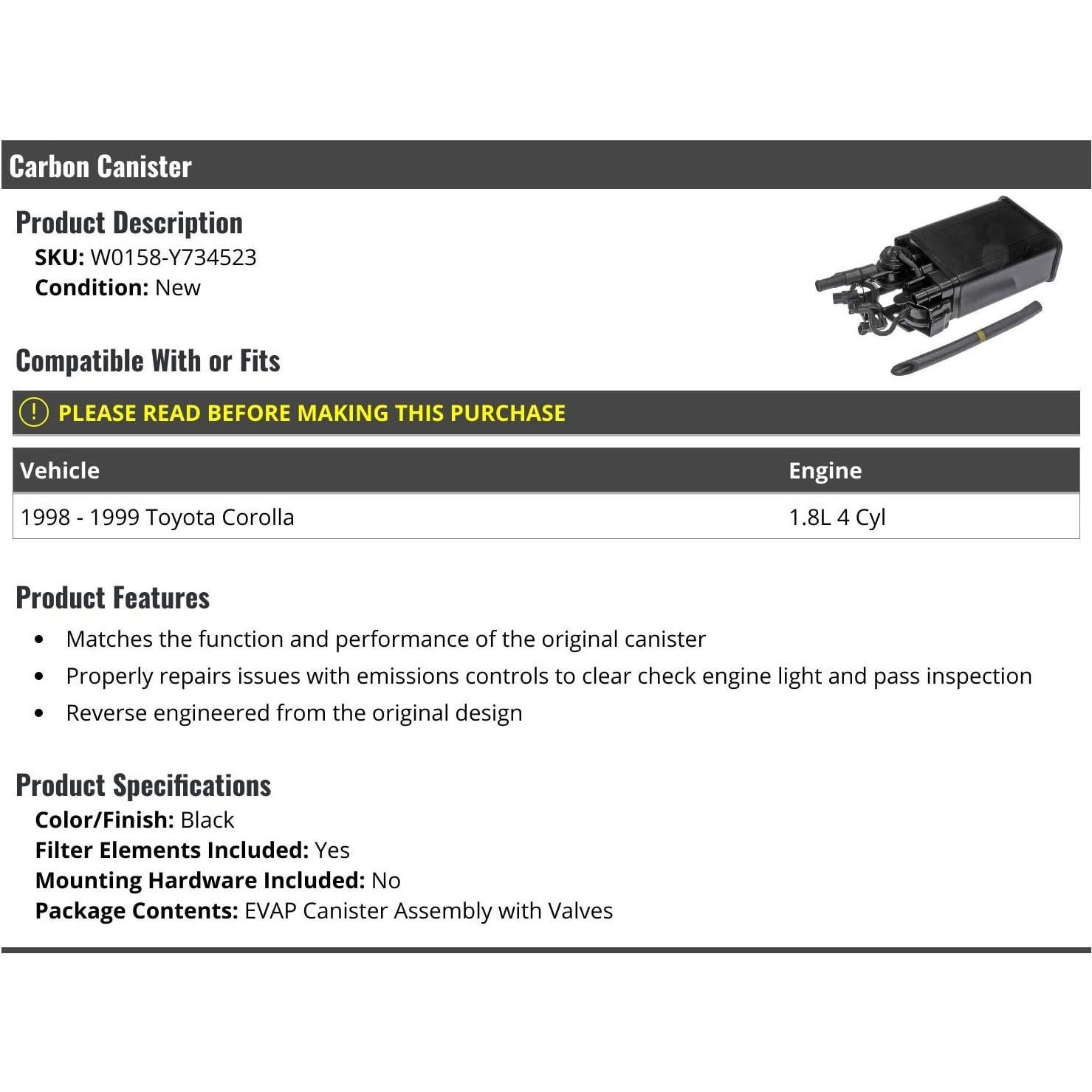 Canister de Carbono Marketplace Auto Parts para Toyota Corolla 1.8L 1998-1999