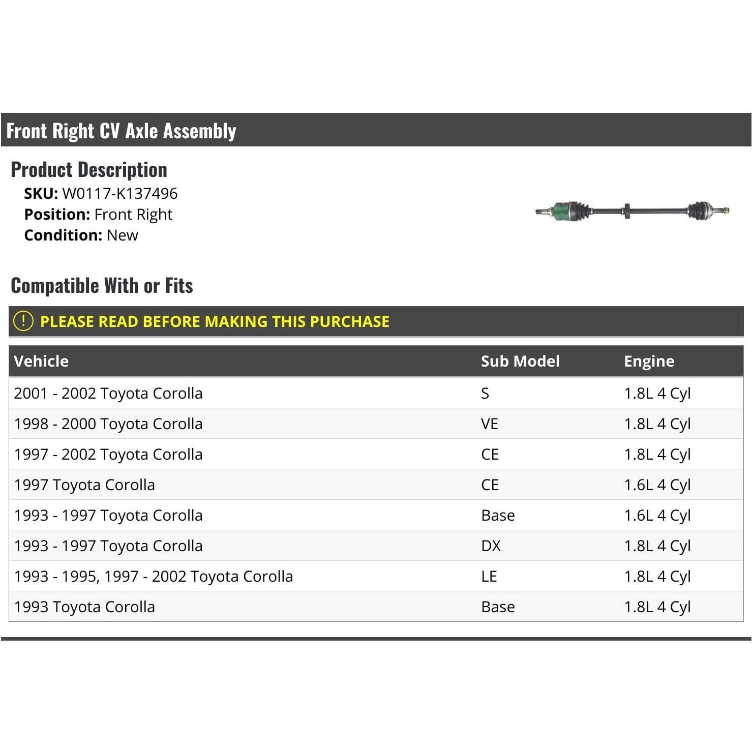 Eje CV Lateral Derecho Toyota Corolla 1993-2002 - Marketplace Auto Parts