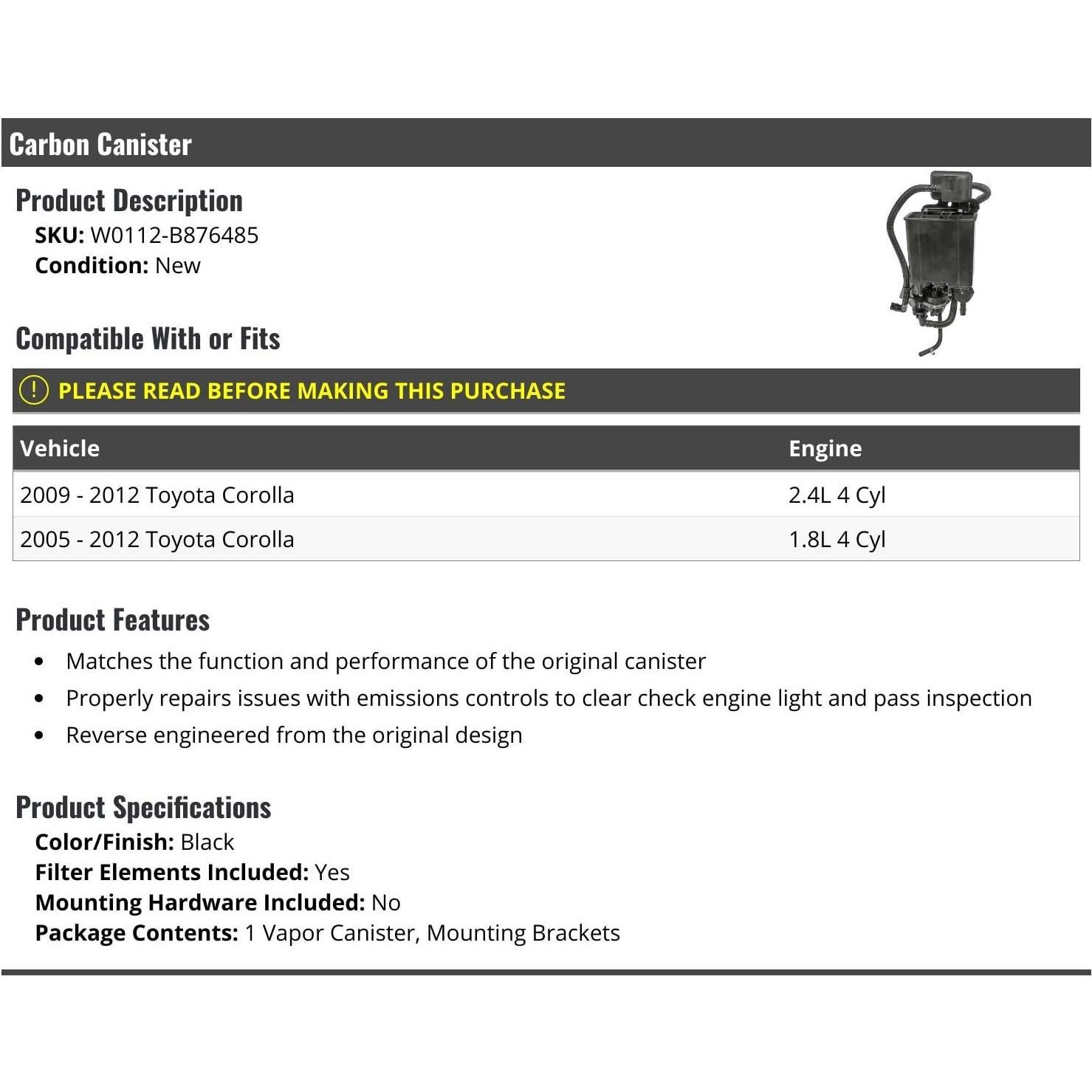 Canister de Carbono Marketplace Auto Parts para Toyota Corolla 2005-2012