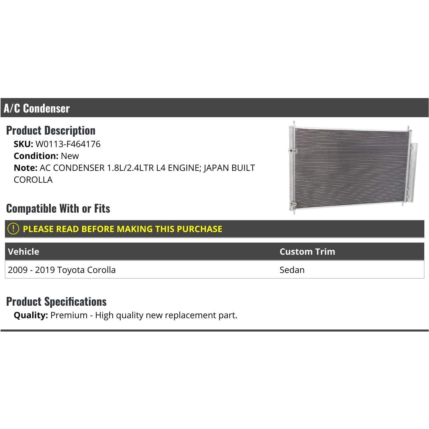 Condensador de A/C Marketplace Auto Parts Toyota Corolla 2009-2019