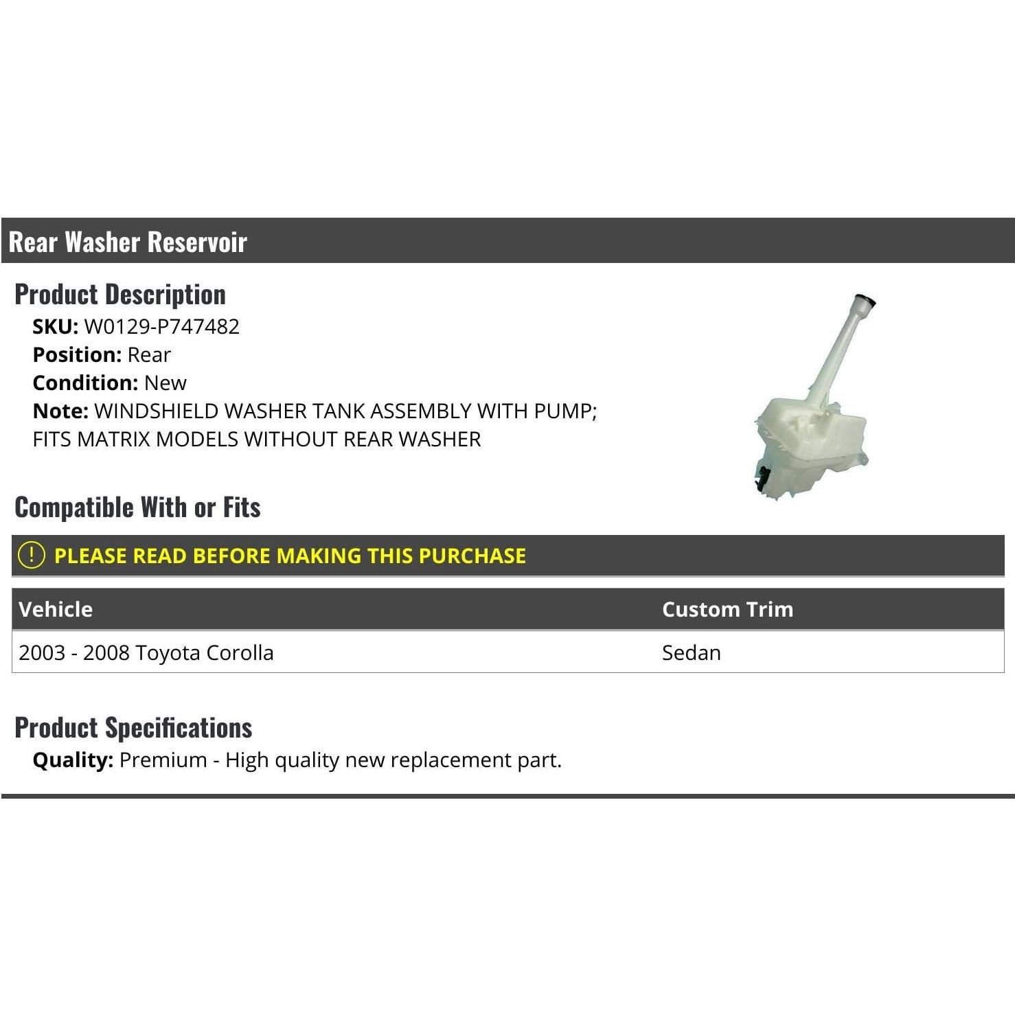 Tanque de Lavaparabrisas Trasero con Bomba Toyota Corolla 2003-2008
