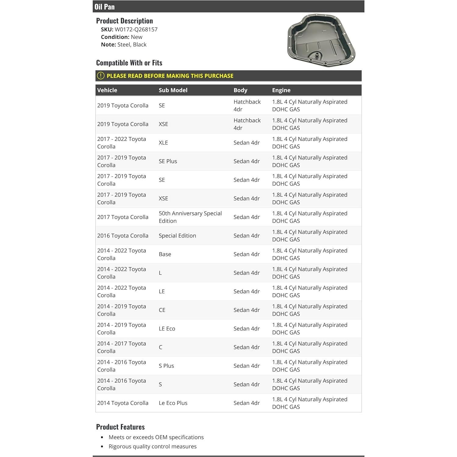 Cárter de Aceite Motor Toyota Corolla 2014-2022 1.8L Acero Negro