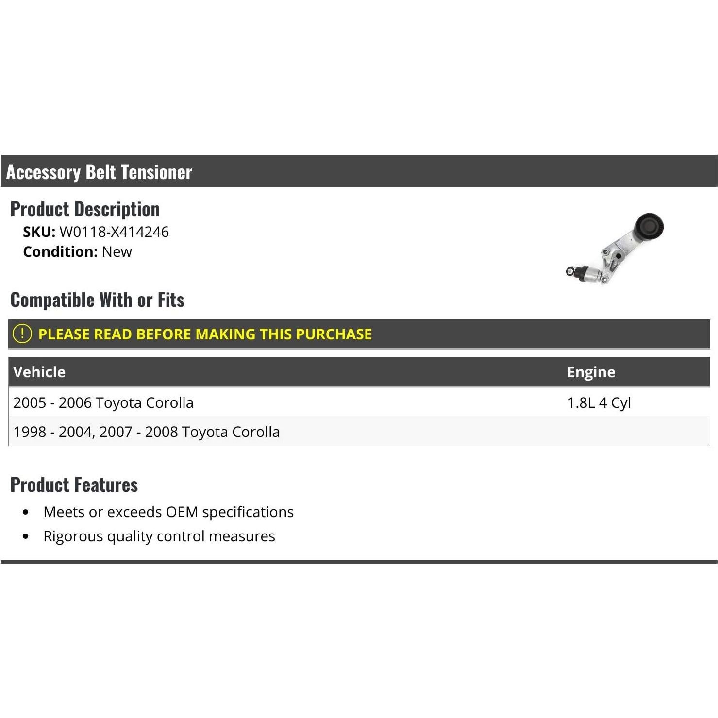 Tensor de Correa Accesorio Marketplace Auto Parts Toyota Corolla 1998-2008