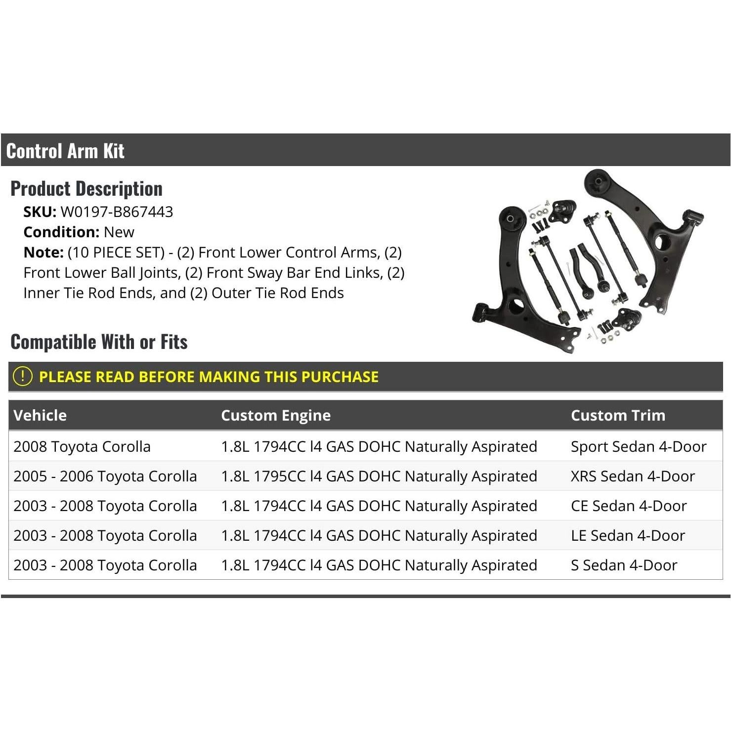 Kit de Brazo de Control Inferior Frontal 10 Piezas Toyota Corolla