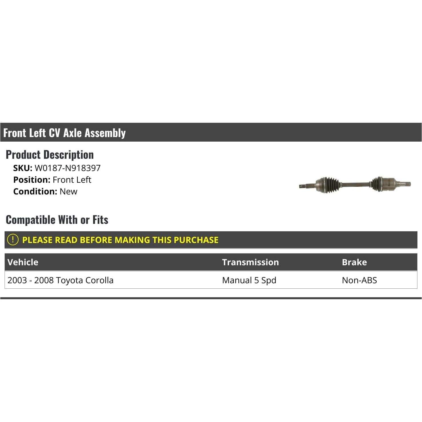 Eje CV Izquierdo Toyota Corolla 2003-2008 Manual 5 Velocidades