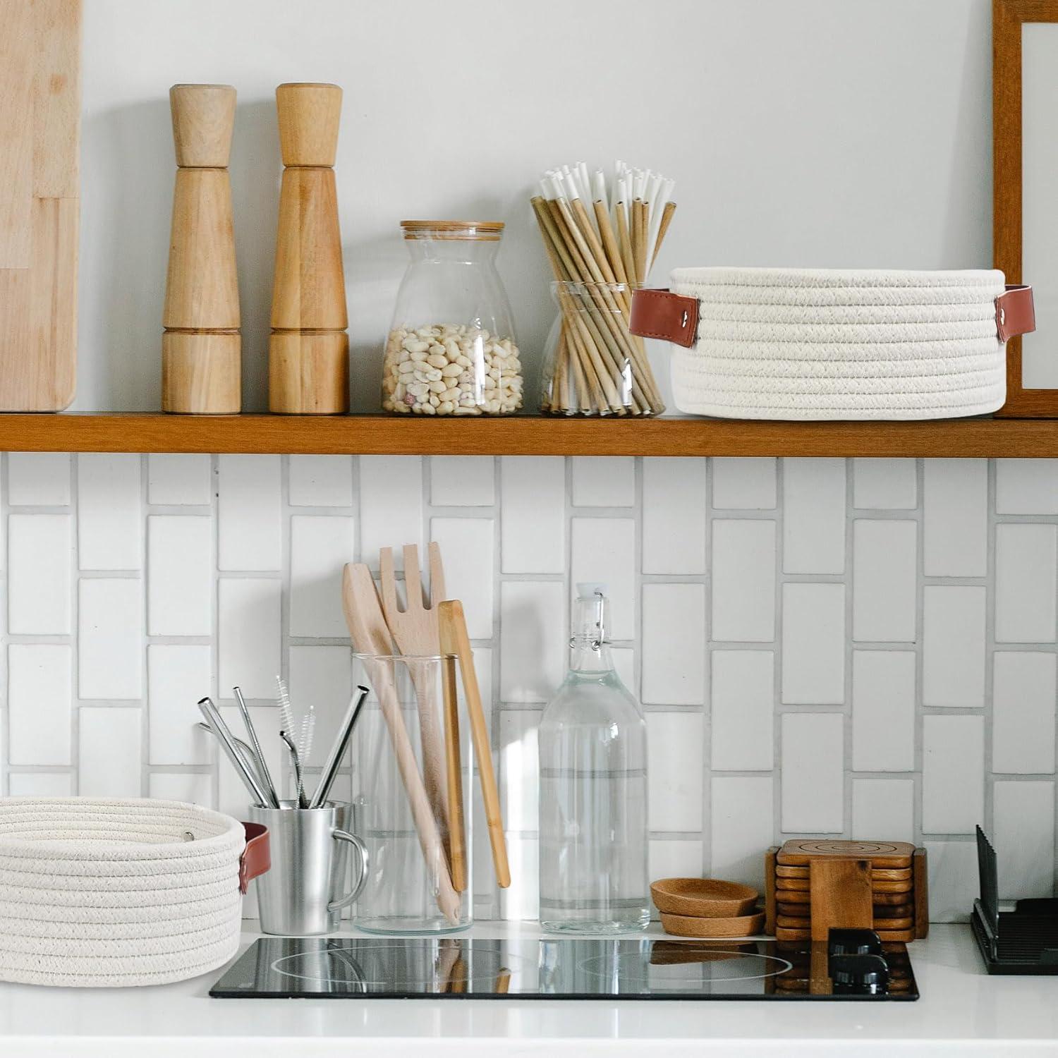 Cesta de Almacenamiento Pequeña ABenkle Algodón Boho Blanca