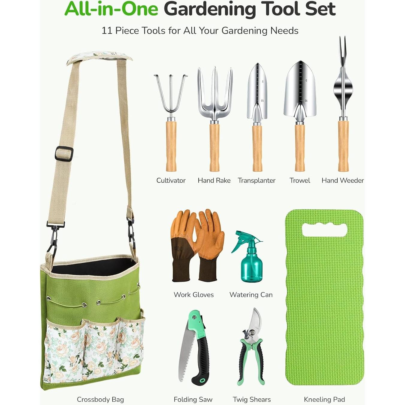 Juego de Jardinería Grenebo 11 Piezas con Bolsa Ergonómica