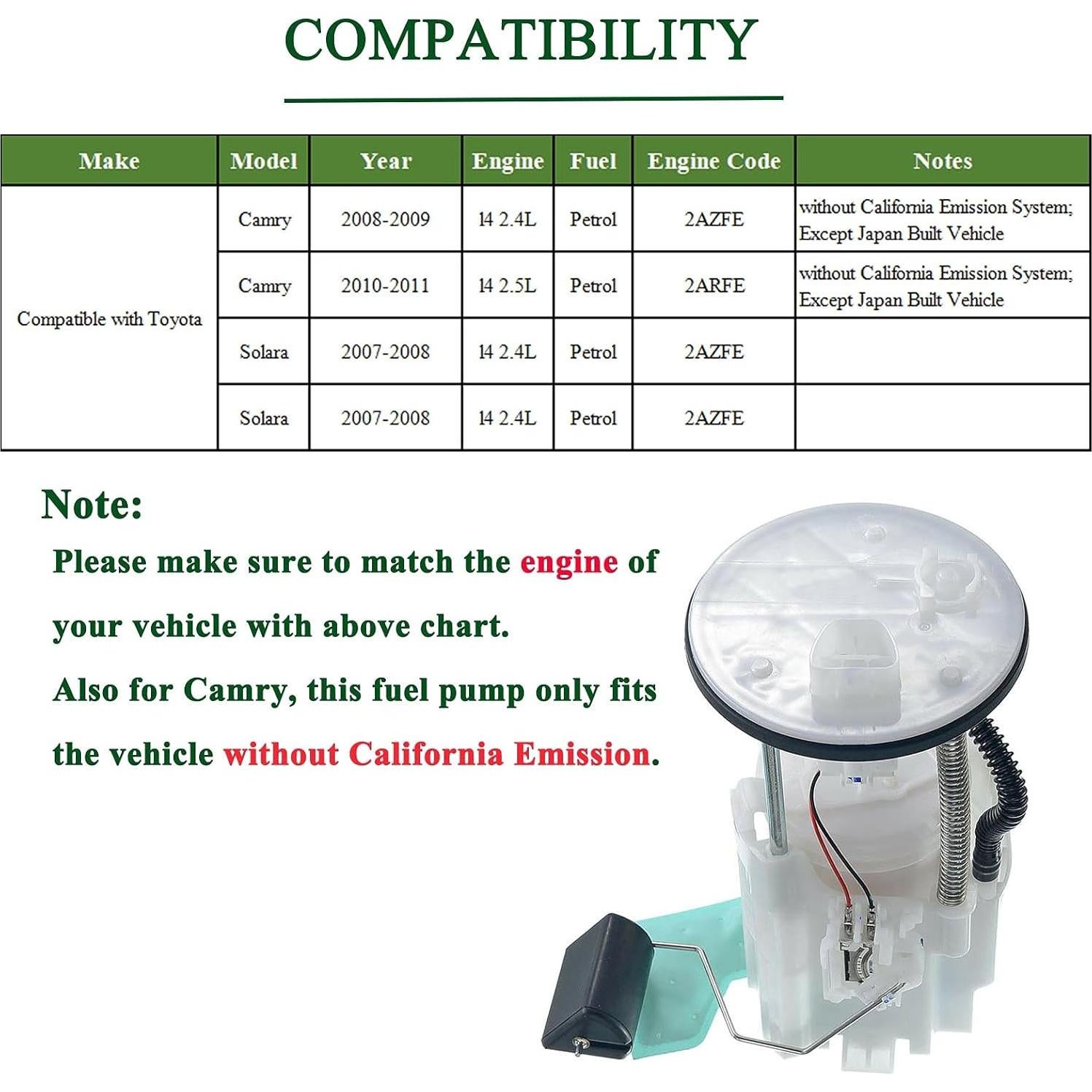 Bomba de Combustible Eléctrica YHTAUTO para Toyota Camry 2008-2011