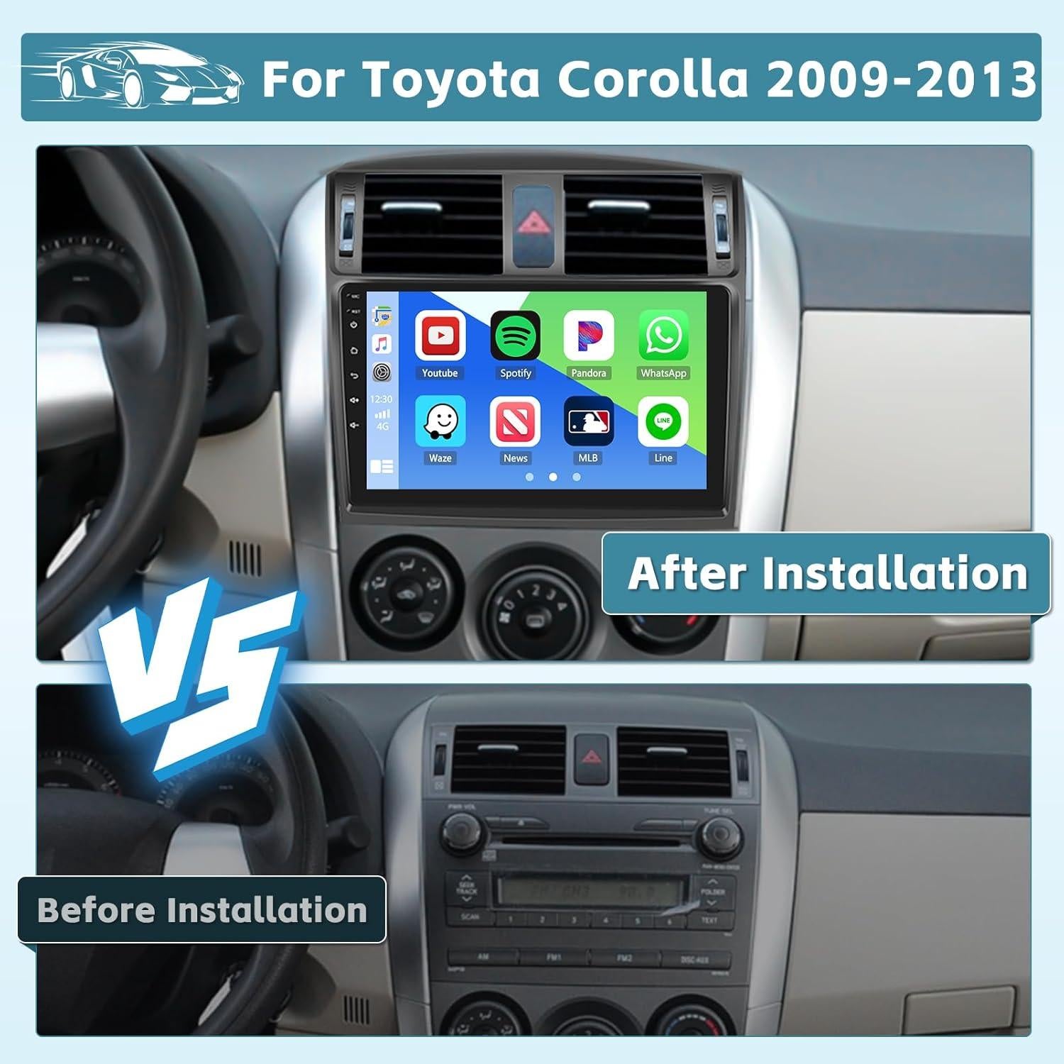 Hikity 8 Core 6+128G Car Radio for Toyota Corolla 2009-2013 Wireless Carplay Android Auto, 9 Inch Touch Screen Stereo WiFi GPS Bluetooth FM RDS 32EQ DSP 59UI SWC Mic Backup Camera