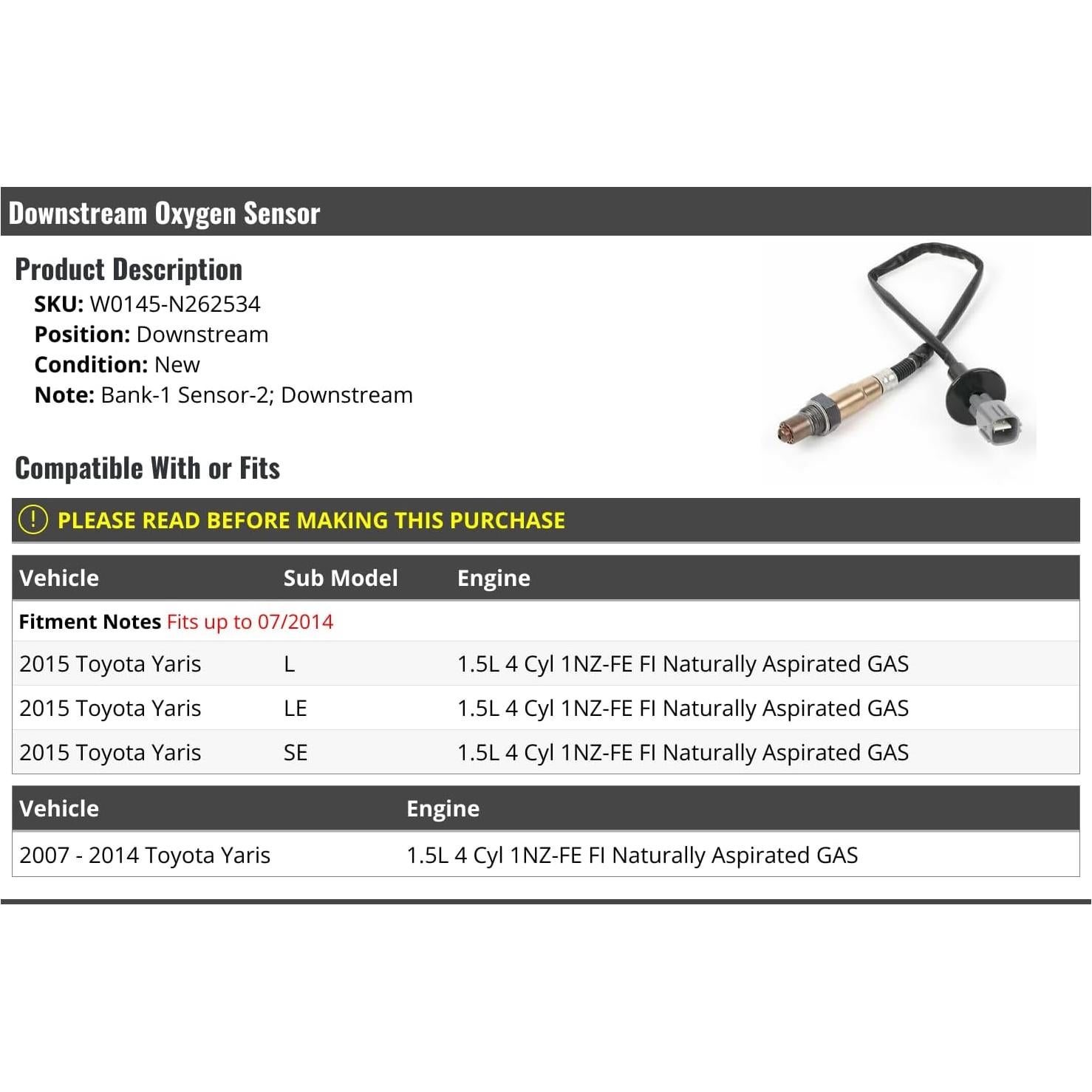 Sensor de Oxígeno Descendente Toyota Yaris 2007-2015 1.5L