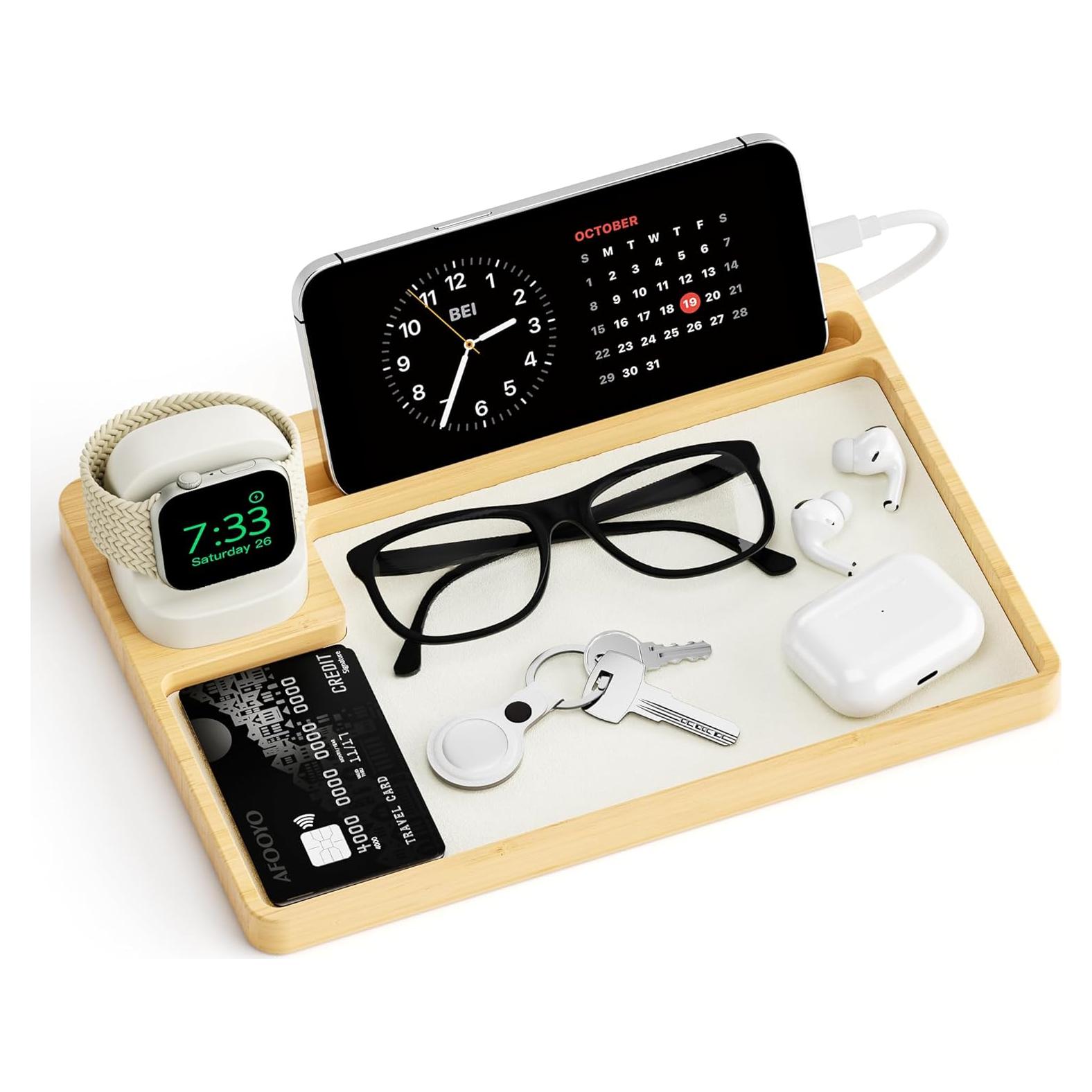 Organizador de Carga de Reloj de Madera Bambú 2 Ranuras