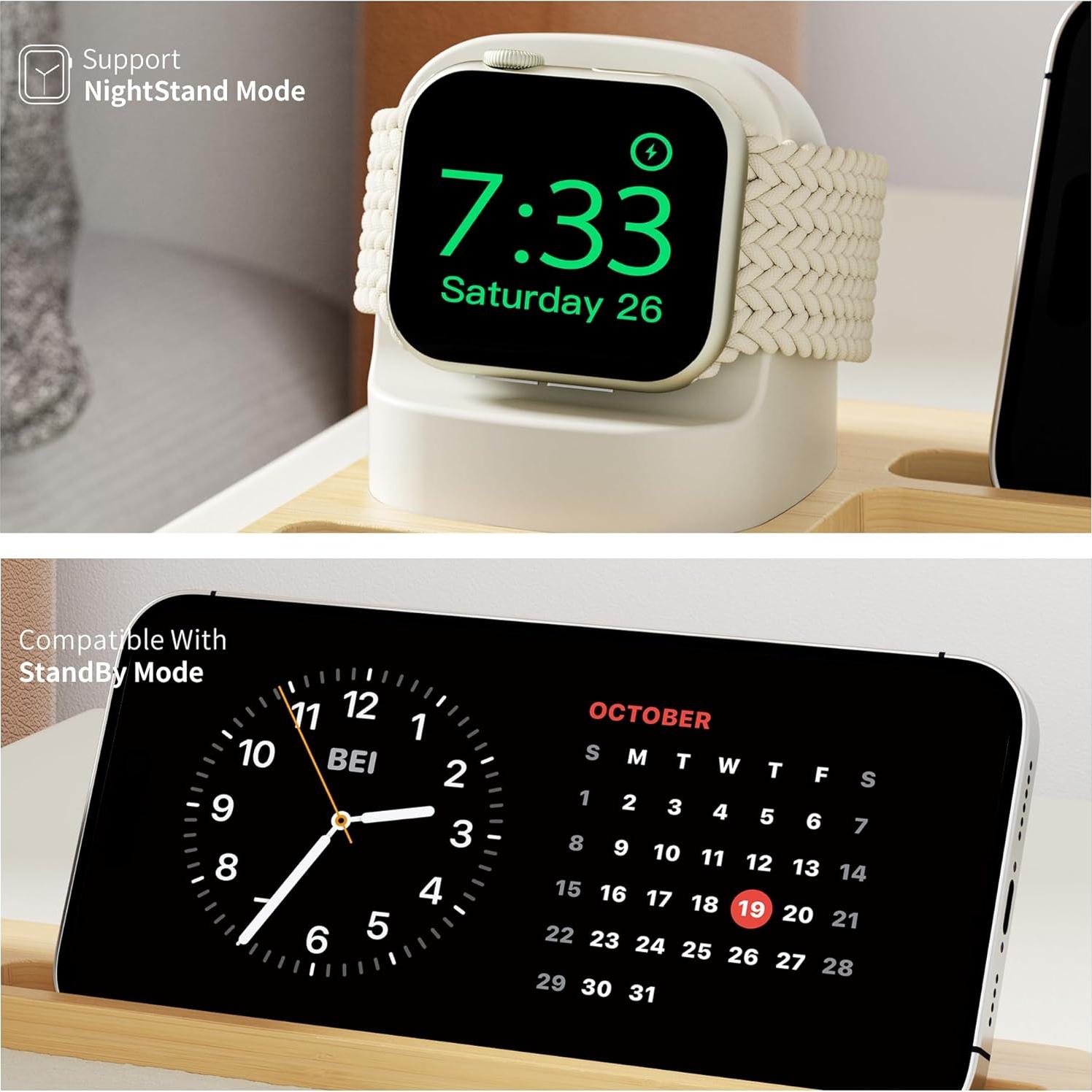 Organizador de Carga de Reloj de Madera Bambú 2 Ranuras