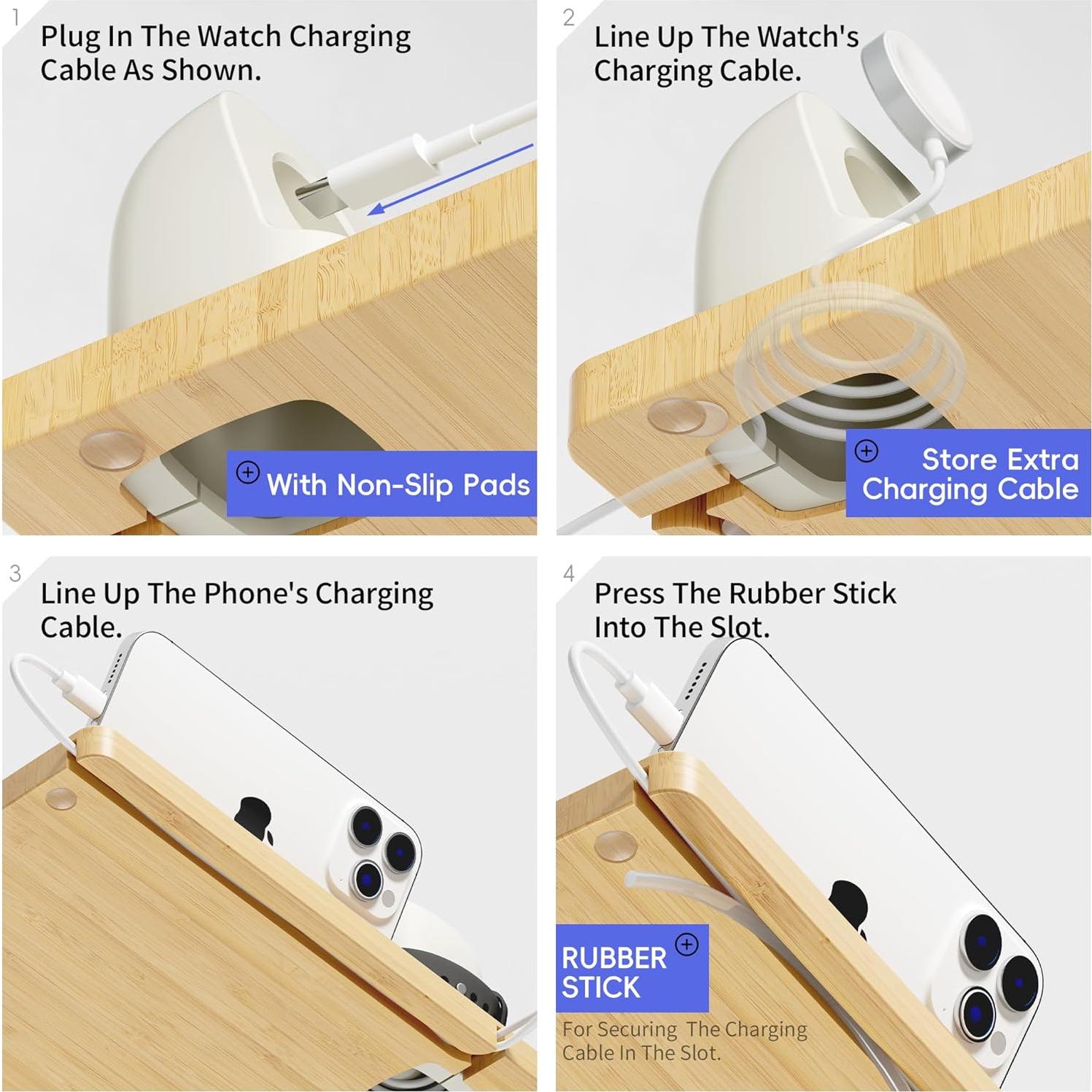 Organizador de Carga de Reloj de Madera Bambú 2 Ranuras