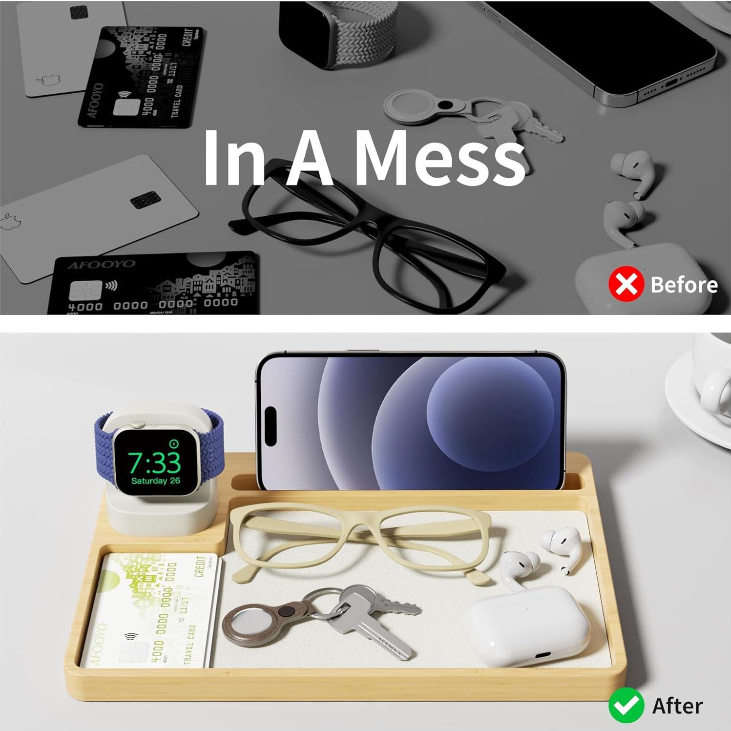 Organizador de Carga de Reloj de Madera Bambú 2 Ranuras