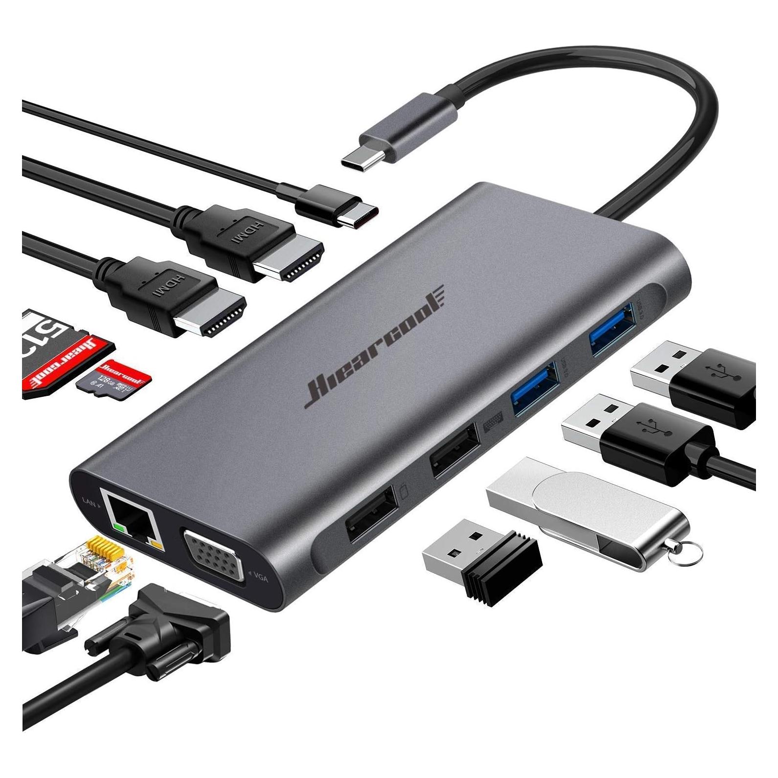 Hiearcool Hub USB C 11 en 1 Triple Pantalla 4K Gris