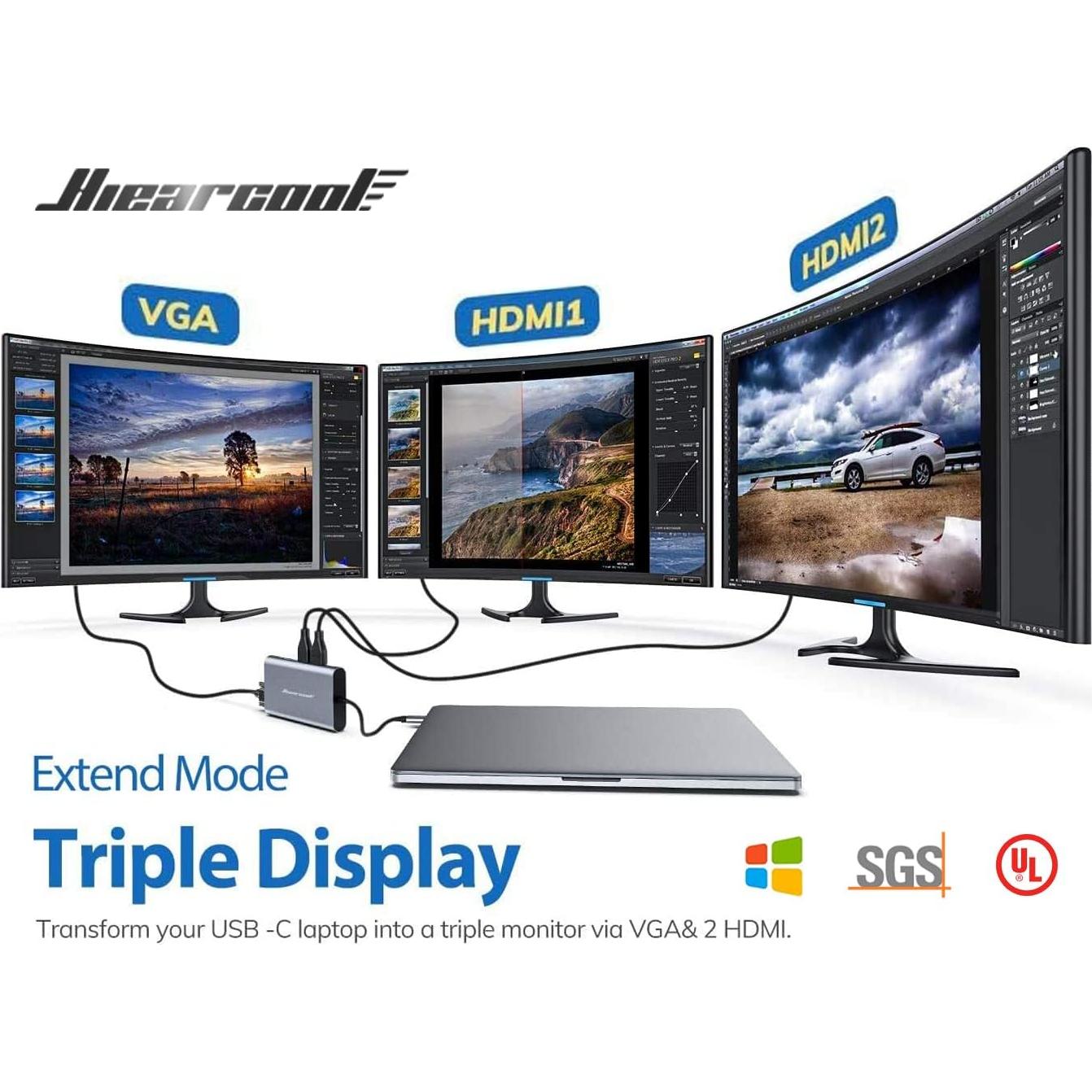 Hiearcool Hub USB C 11 en 1 Triple Pantalla 4K Gris