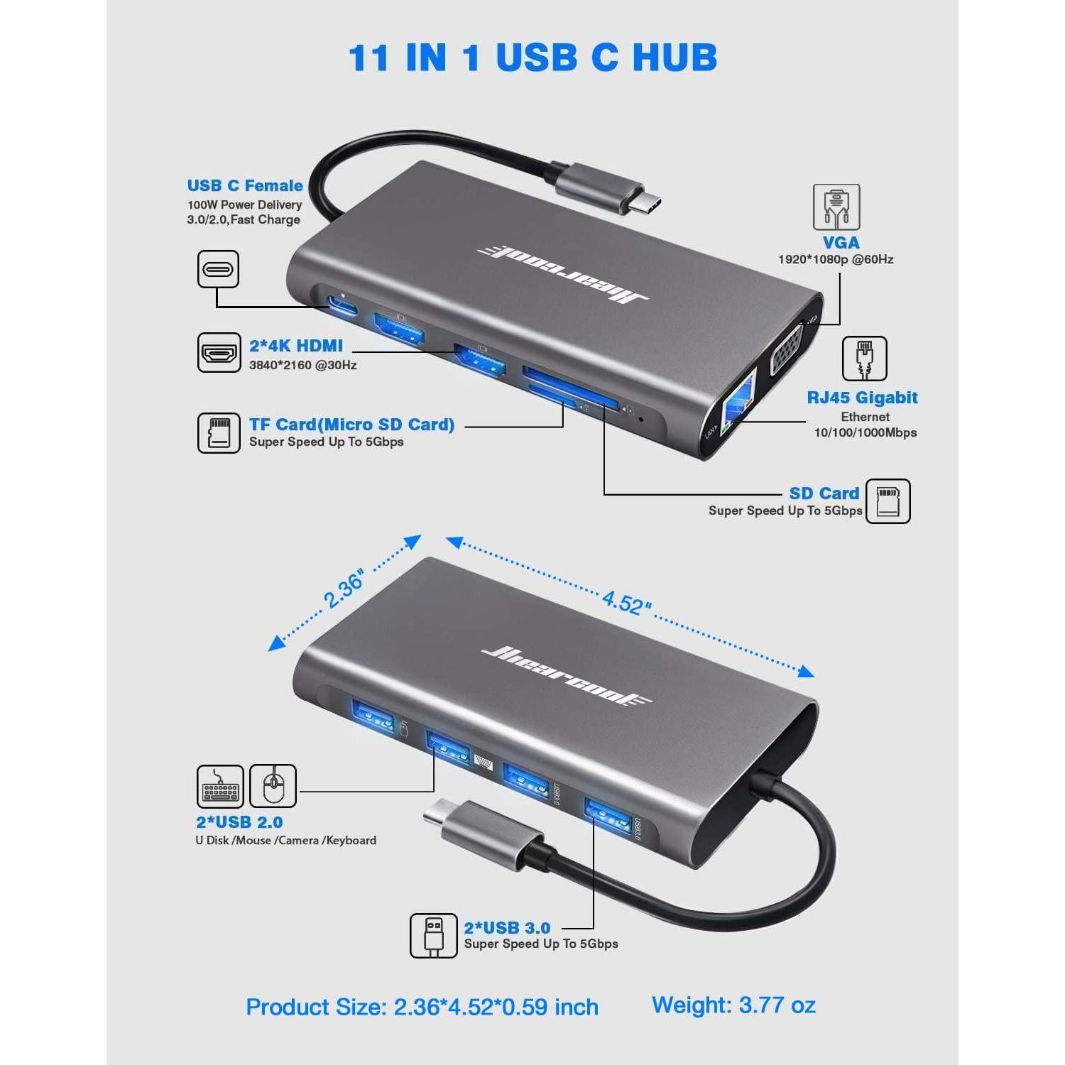 Hiearcool Hub USB C 11 en 1 Triple Pantalla 4K Gris