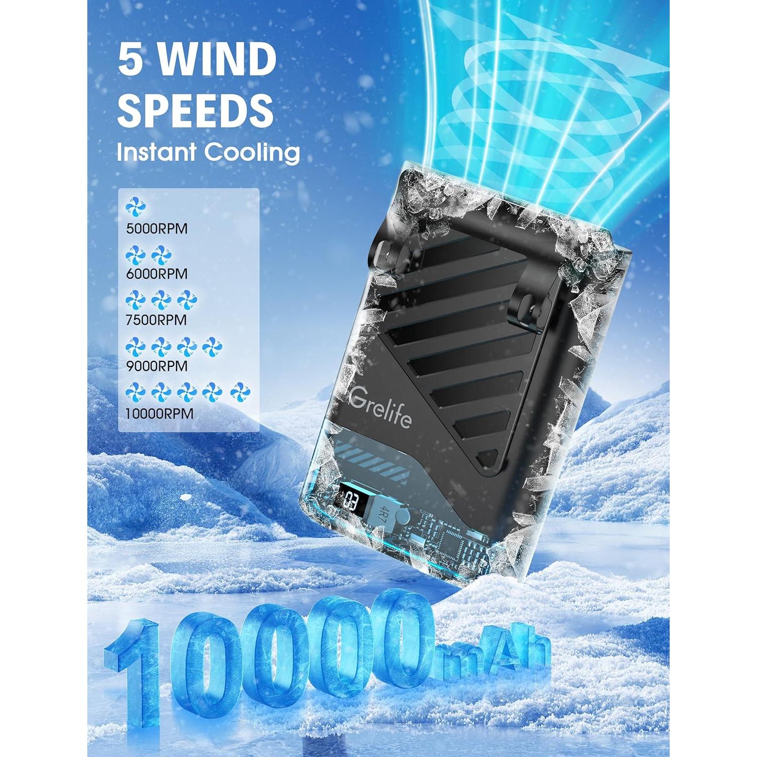 Ventilador Portátil Grelife Clip Cintura 10000 RPM 5 Velocidades