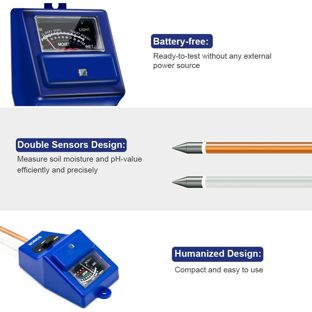 Medidor de pH del Suelo 3-en-1 Sonkir - Humedad, Luz, pH