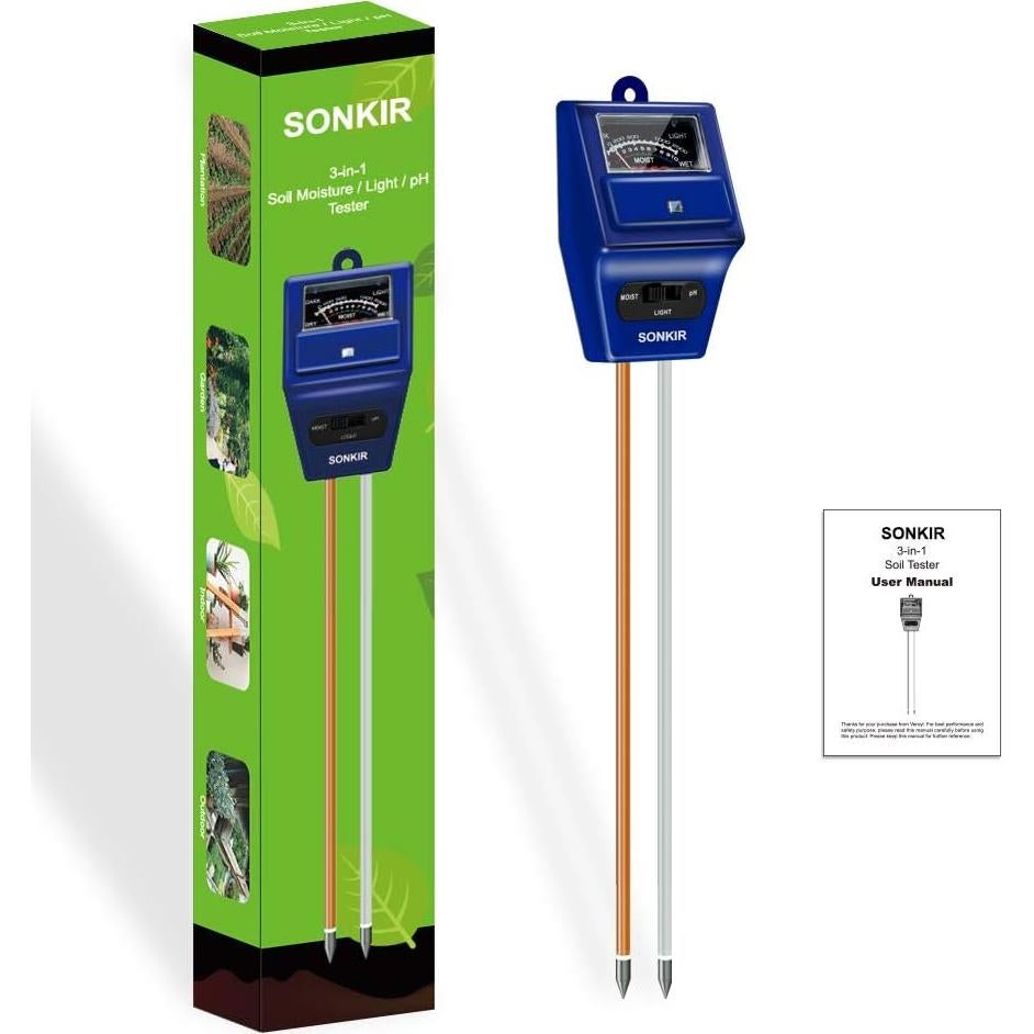 Medidor de pH del Suelo 3-en-1 Sonkir - Humedad, Luz, pH
