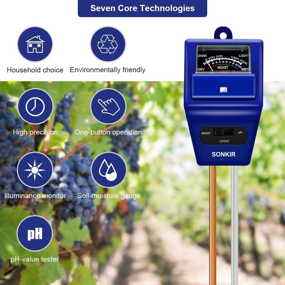 Medidor de pH del Suelo 3-en-1 Sonkir - Humedad, Luz, pH