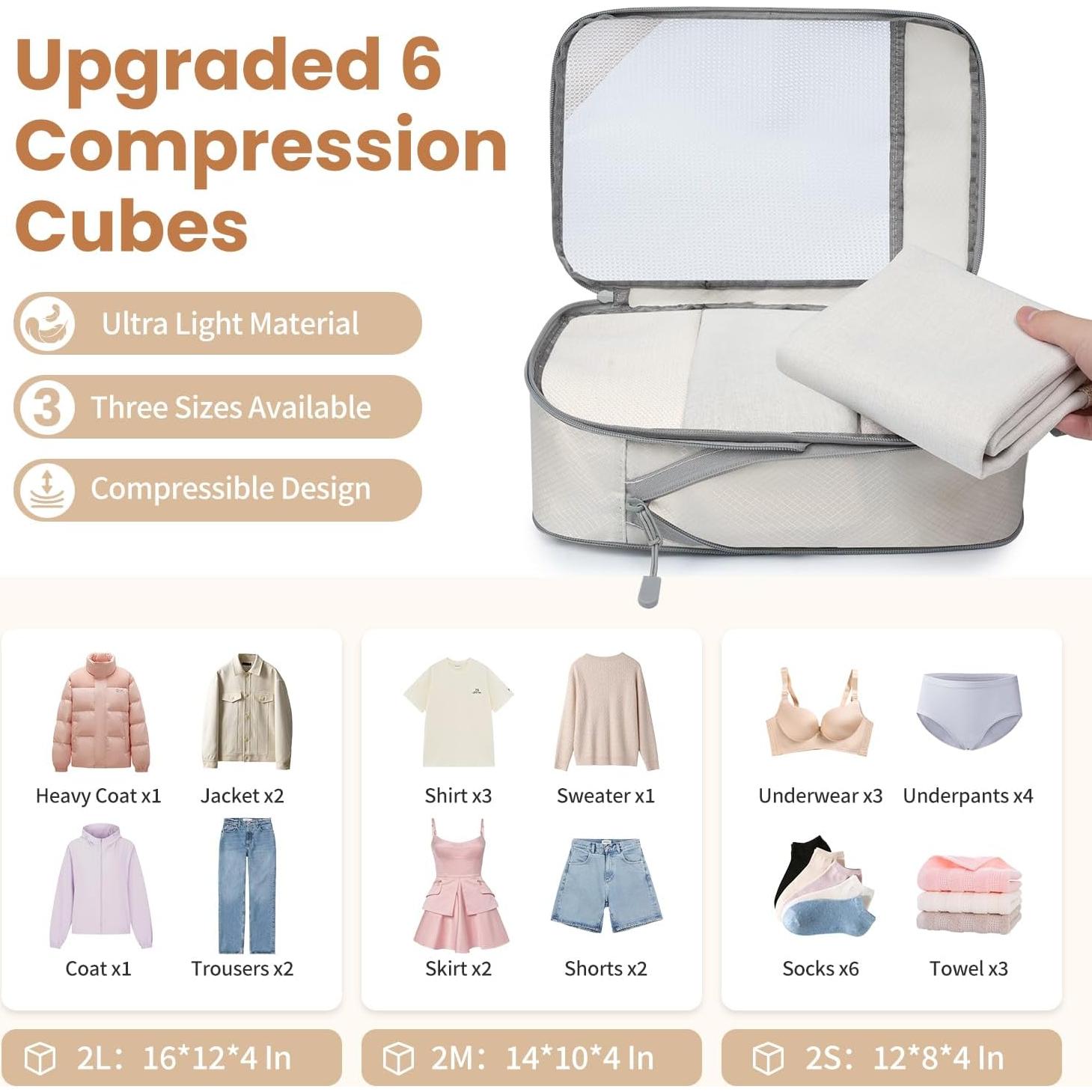 Set de 6 Cubos de Compresión EO-UP para Viajes Beige