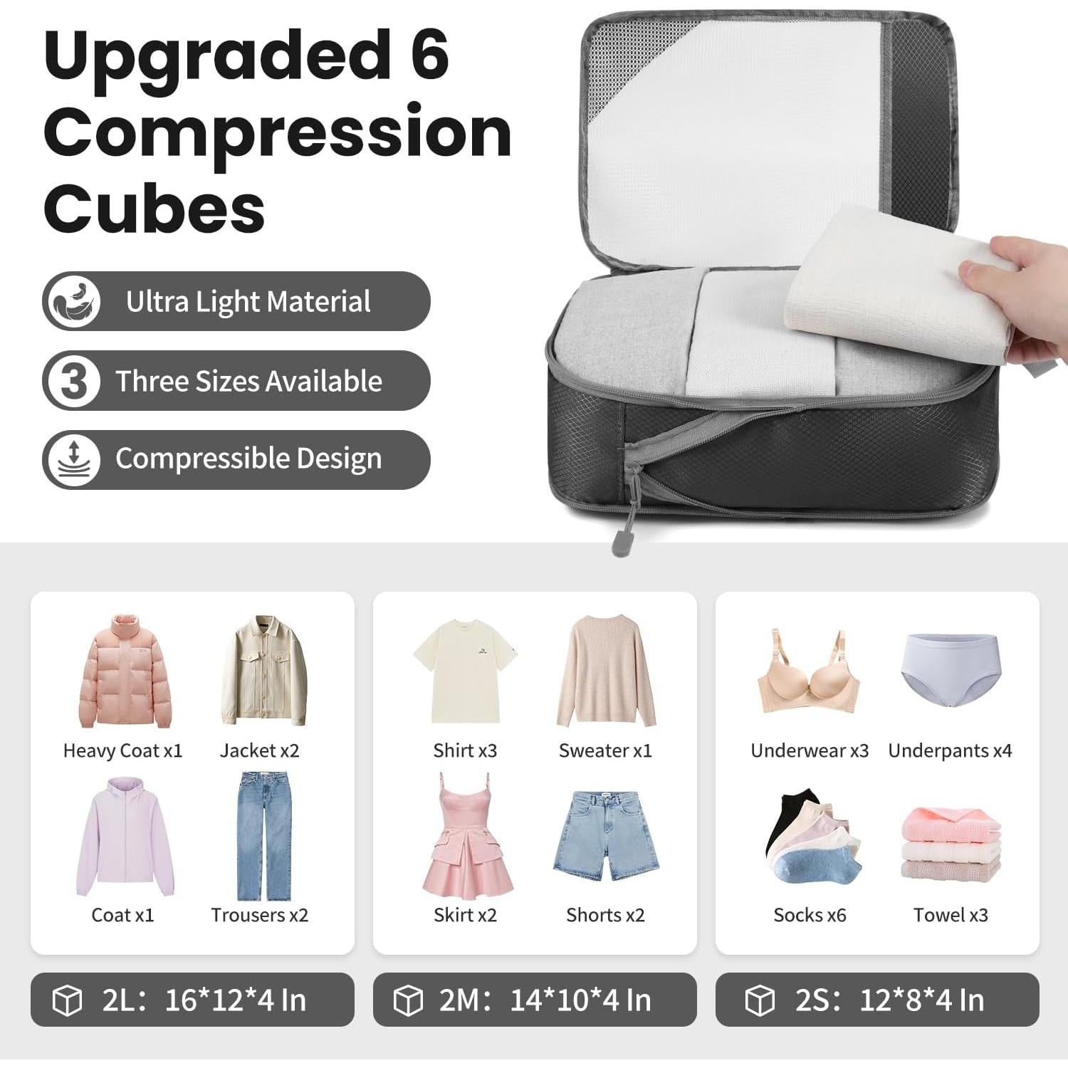 Set de 6 Cubos de Compresión EO-UP para Viajes - Negro