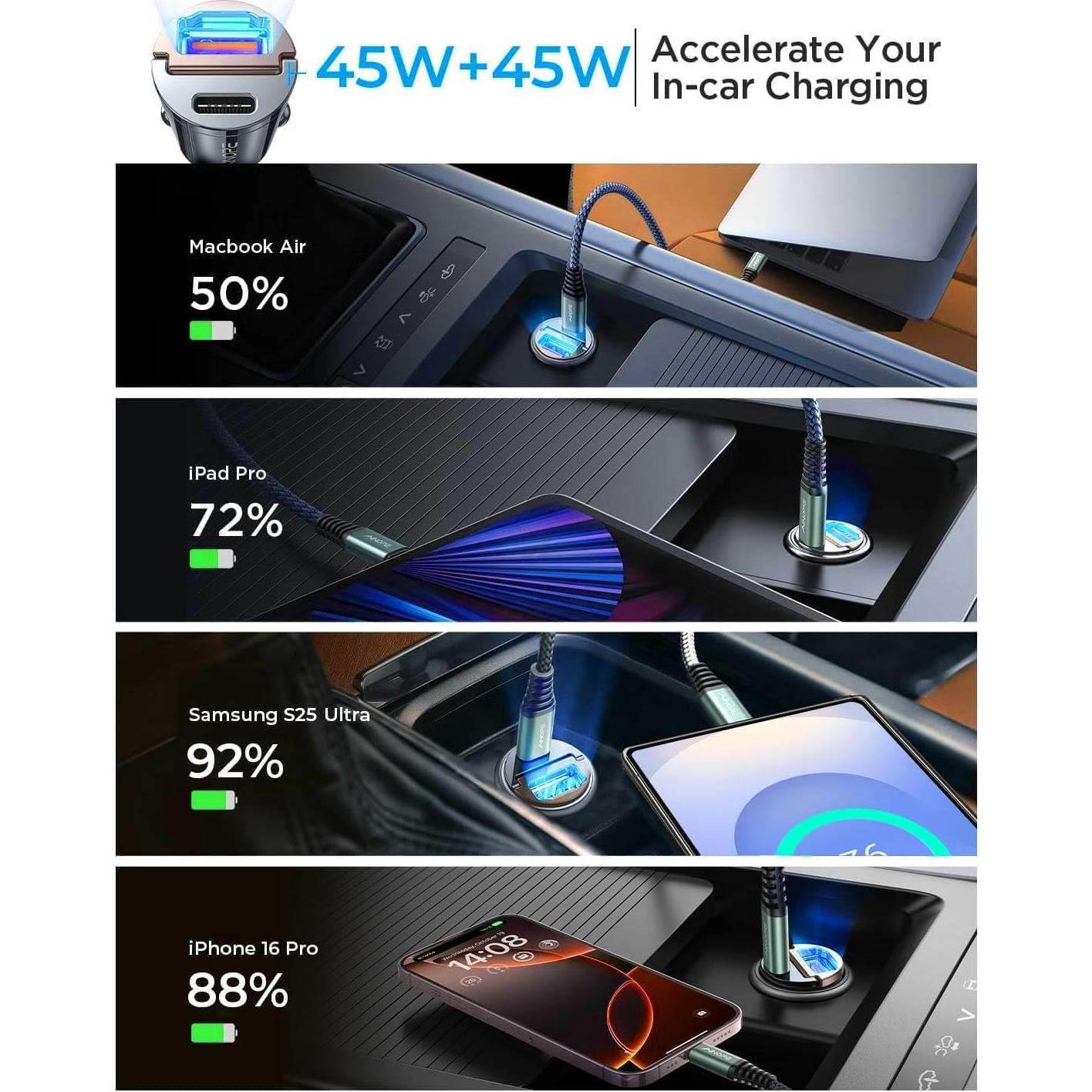 Cargador de Coche AINOPE 90W USB C Rápido Mini Negro