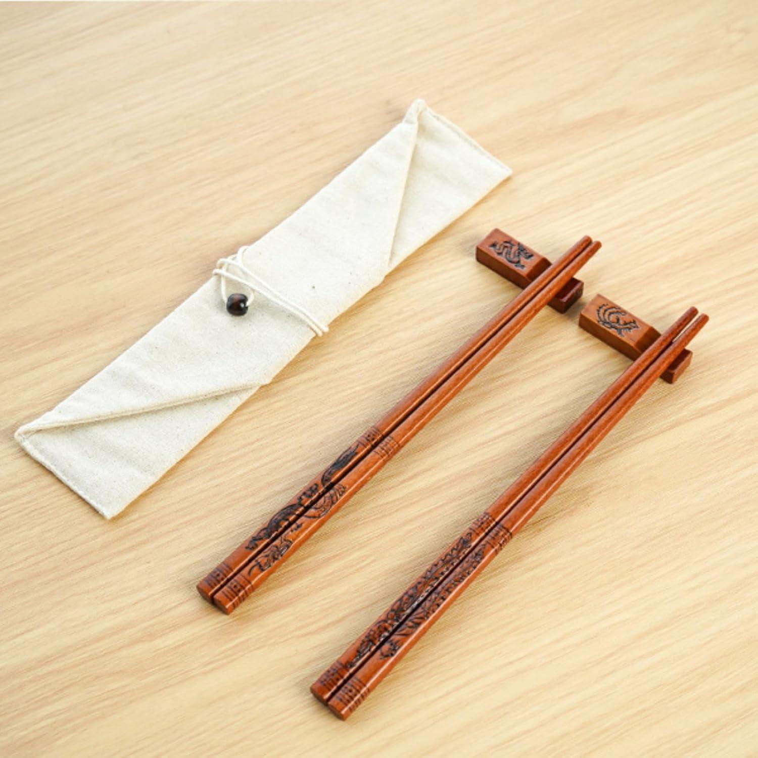 Juego de 2 pares de palillos de madera reutilizables - Dragón y Fénix