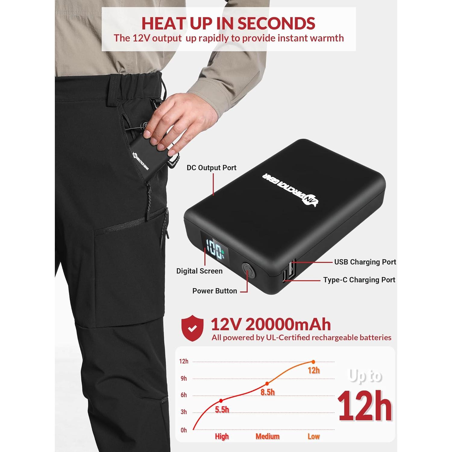 Pantalones Calentados para Hombres Softshell 12V 5 Zonas Calor