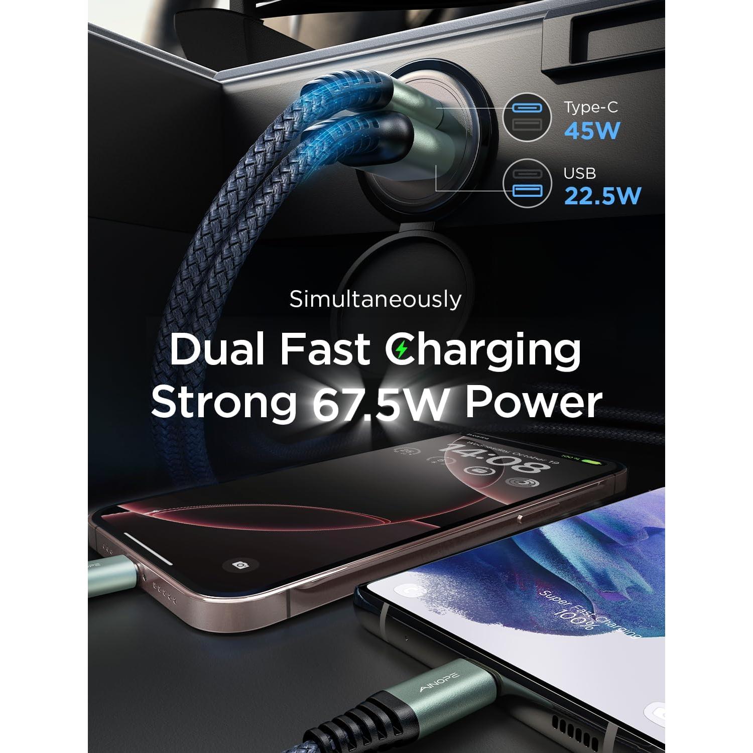 Cargador de Coche USB C AINOPE 67.5W Carga Rápida Metal