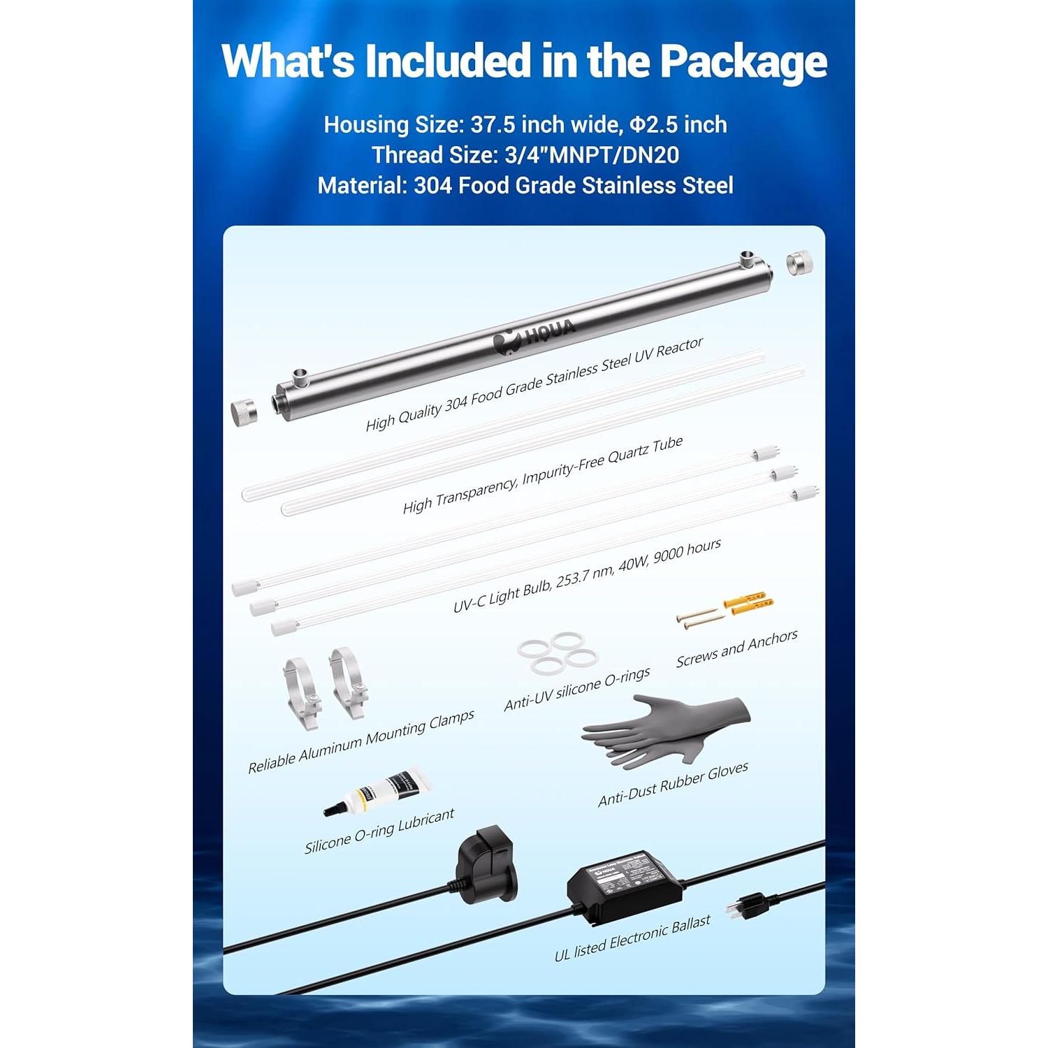 Purificador de Agua UV HQUA HQUA-OWS-124 12GPM 40W con Accesorios