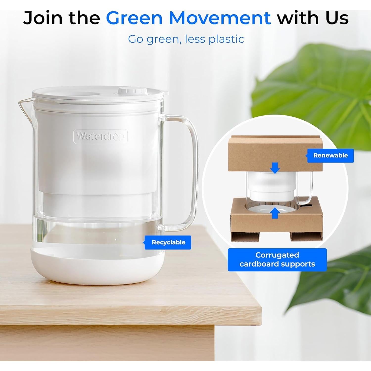 Jarra de Filtro de Agua Waterdrop 7 Tazas Vidrio Ecológica