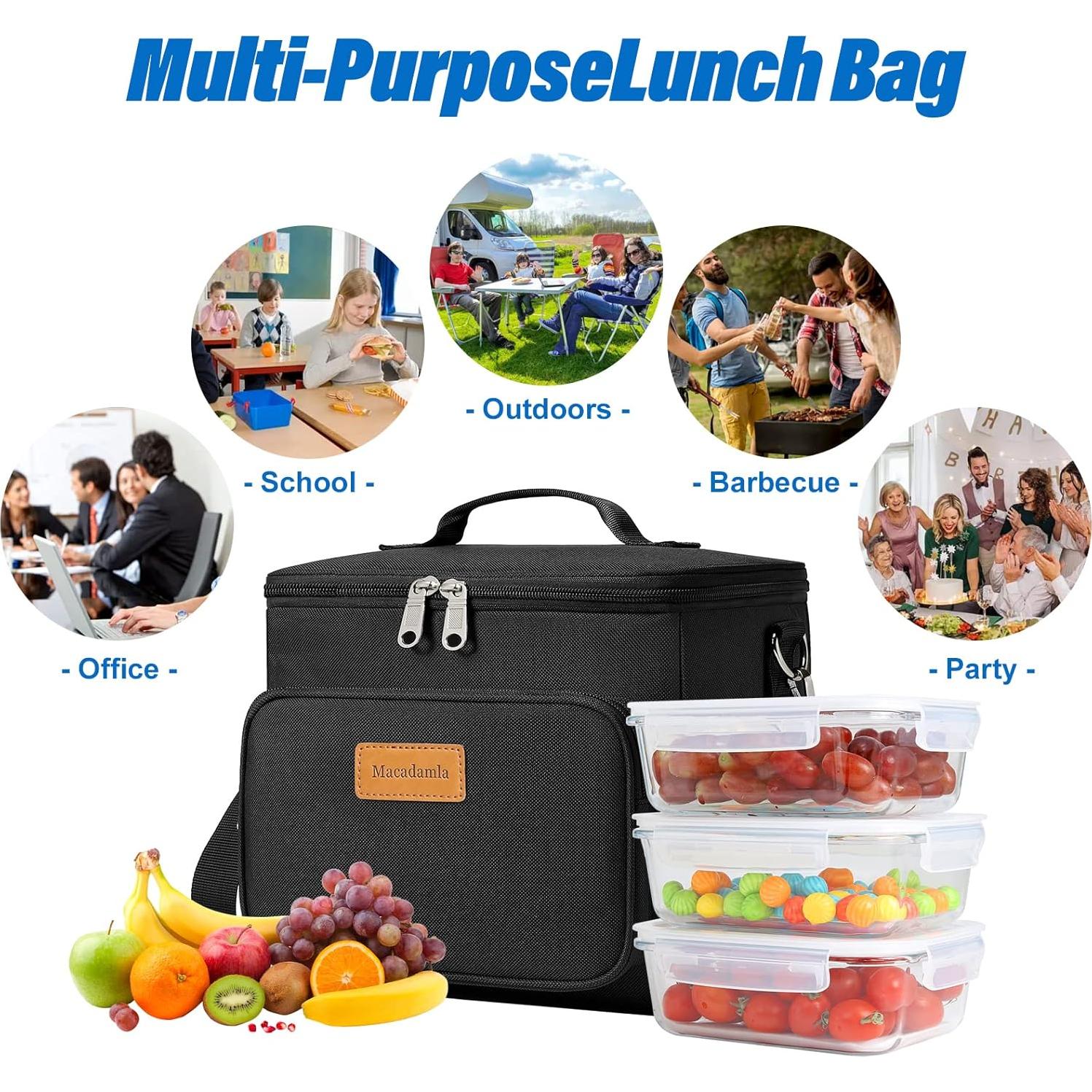 Macadamla Weinas Lunch bag for Women/Men,Reusable Lunch Box Leakproof Cooler Bag for Adult,Collapsible Lunch Bag with Adjustable Shoulder Strap for Work Office Picnic Beach Black