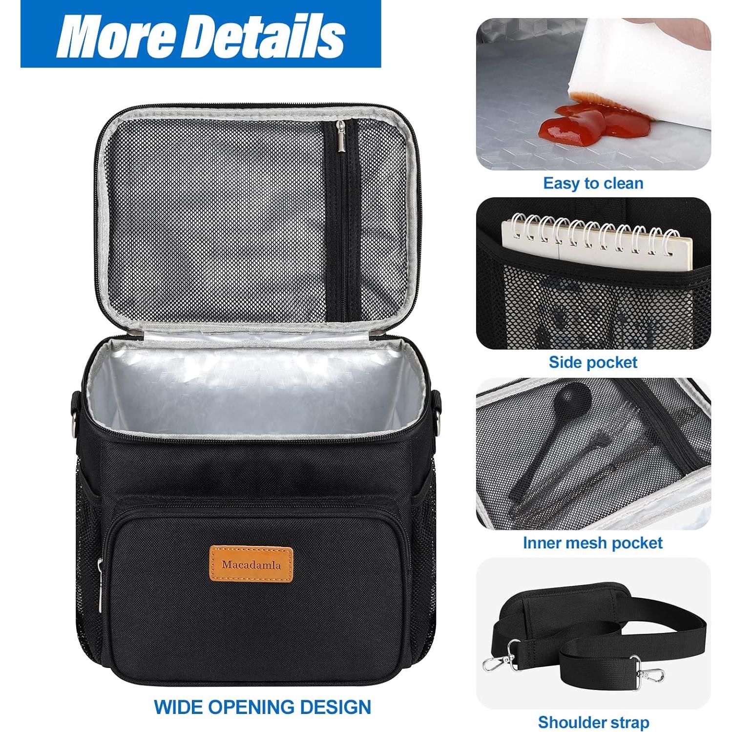 Macadamla Weinas Lunch bag for Women/Men,Reusable Lunch Box Leakproof Cooler Bag for Adult,Collapsible Lunch Bag with Adjustable Shoulder Strap for Work Office Picnic Beach Black