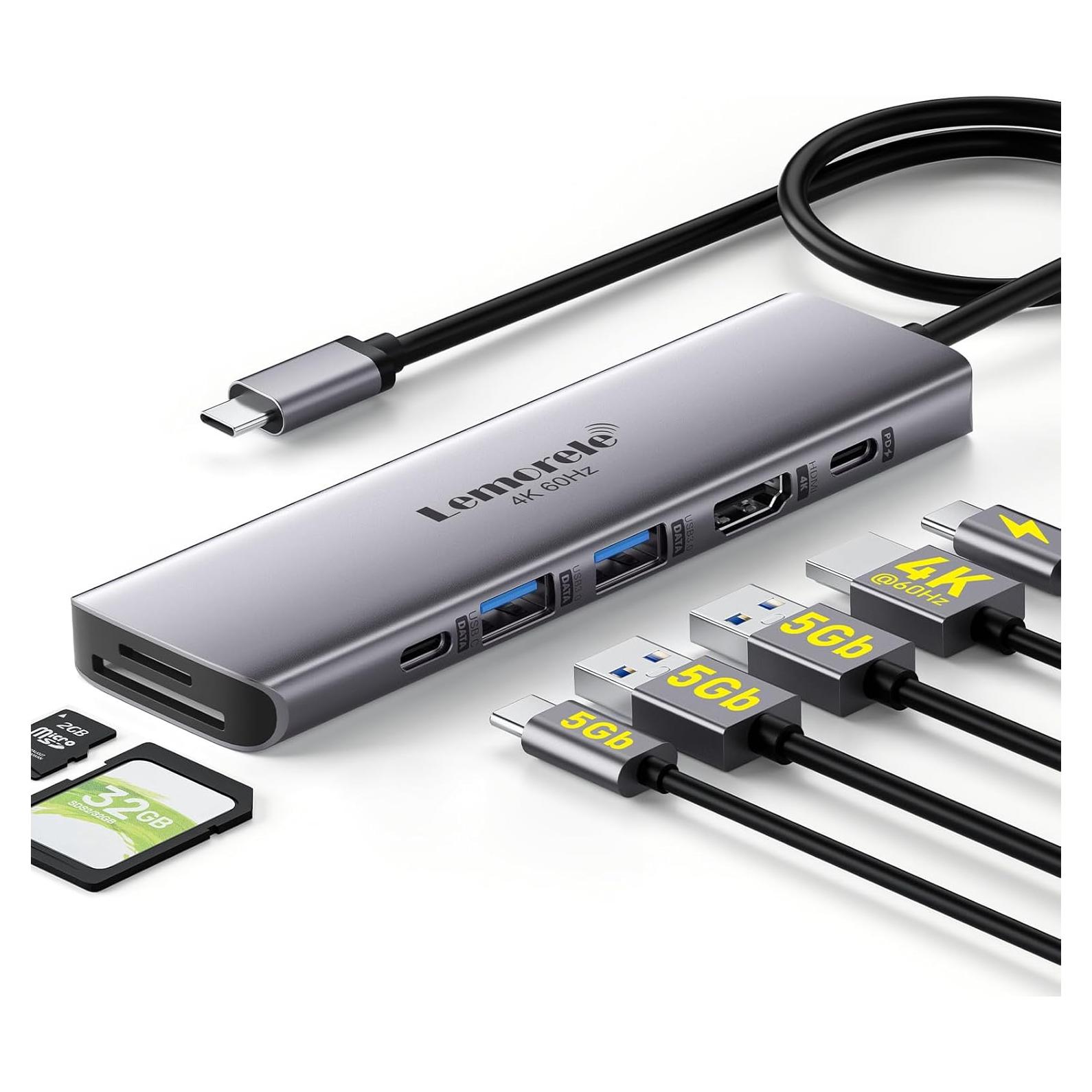 Adaptador USB C Hub 7-en-1 Lemorele HDMI 4K 60Hz 100W PD