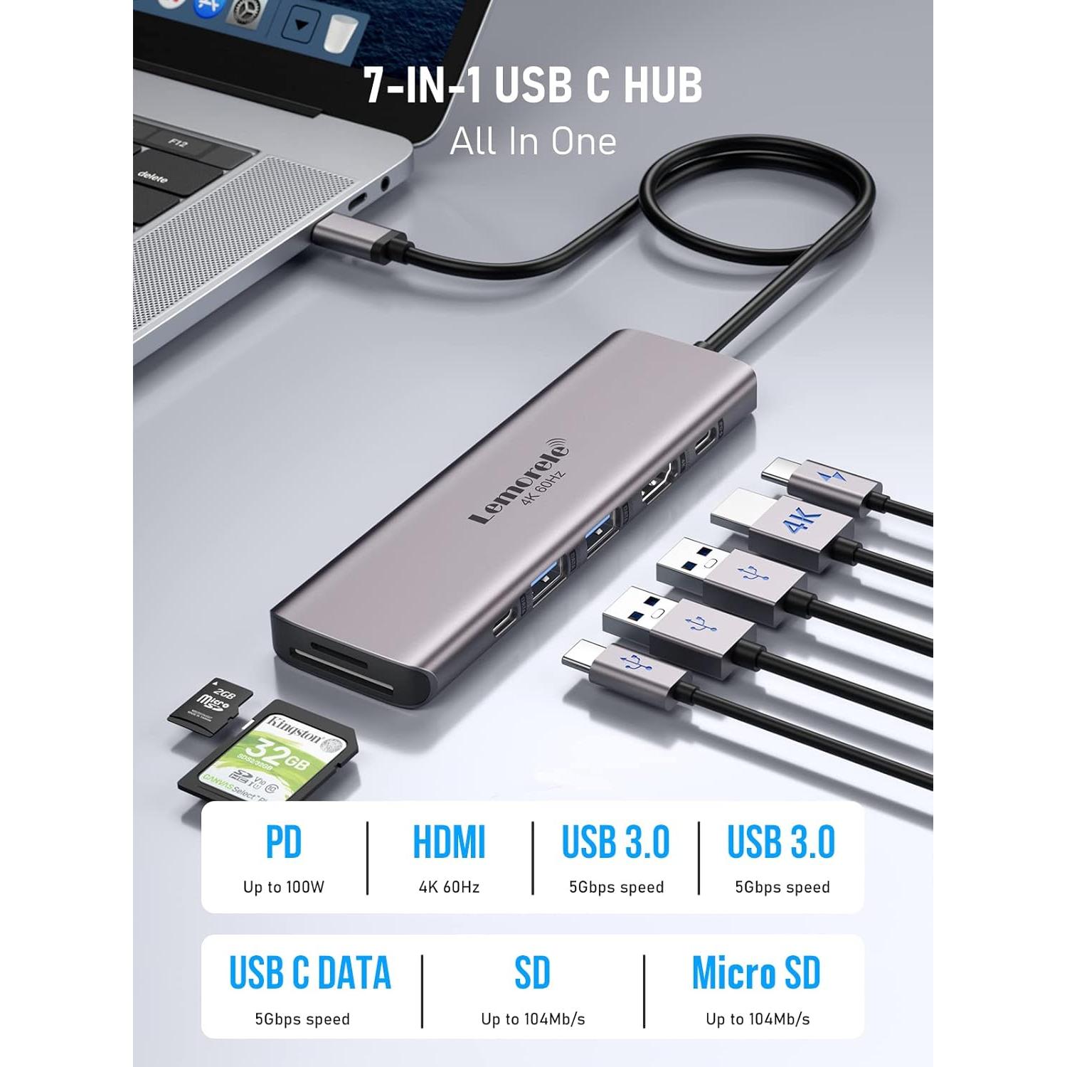 Adaptador USB C Hub 7-en-1 Lemorele HDMI 4K 60Hz 100W PD
