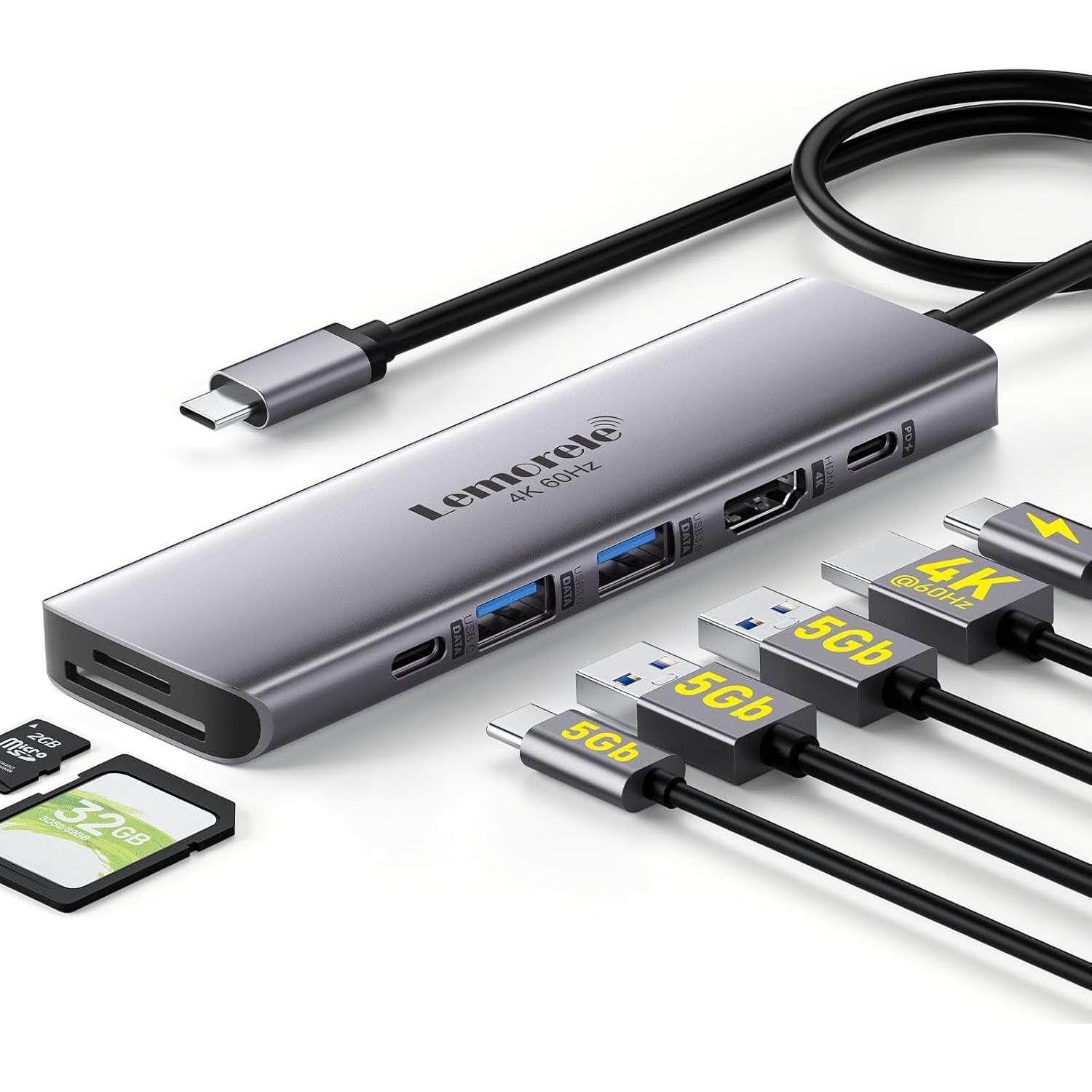 Adaptador USB C Hub 7-en-1 Lemorele HDMI 4K 60Hz 100W PD