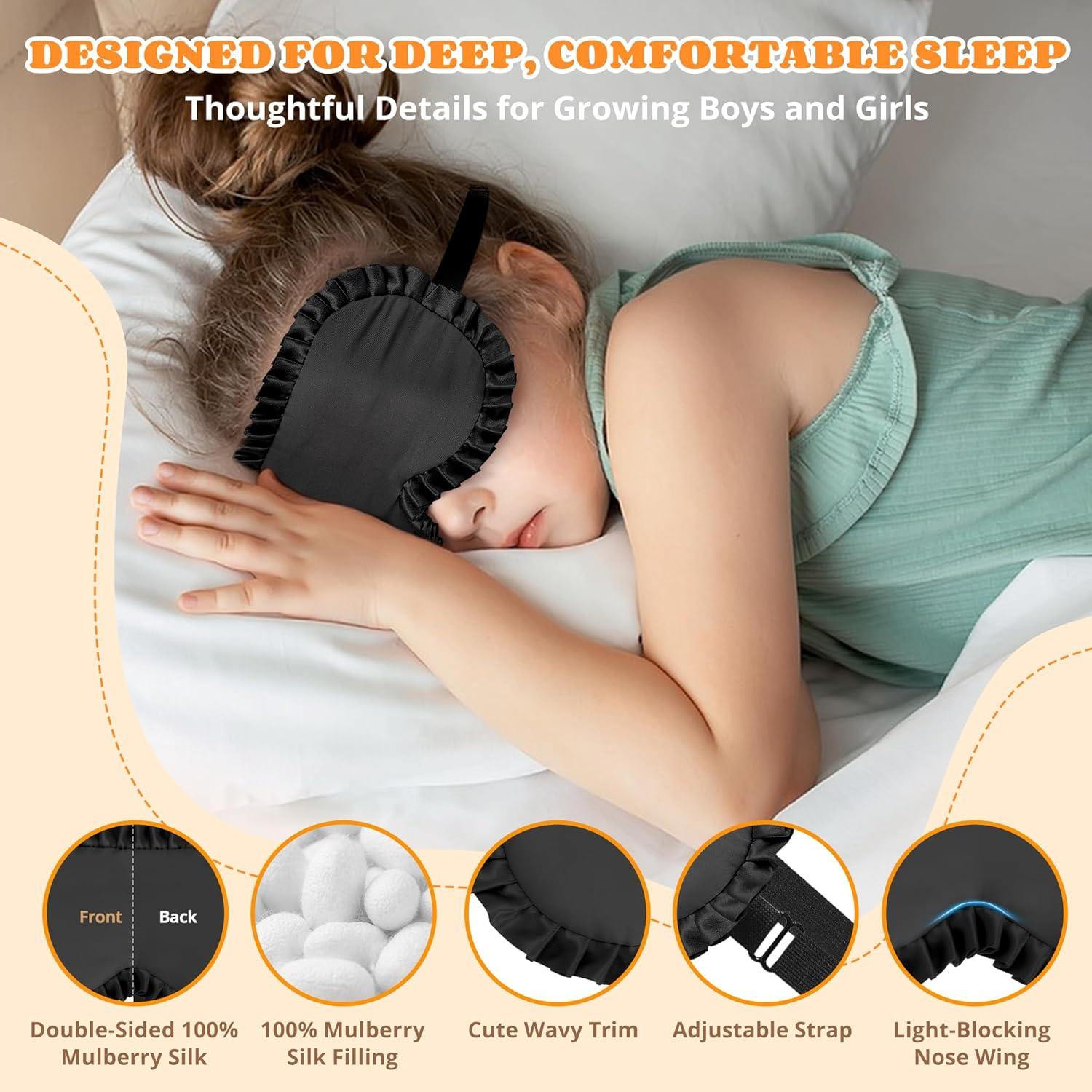 Máscara de Sueño para Niños Pyopbow 100% Seda Negra Ajustable