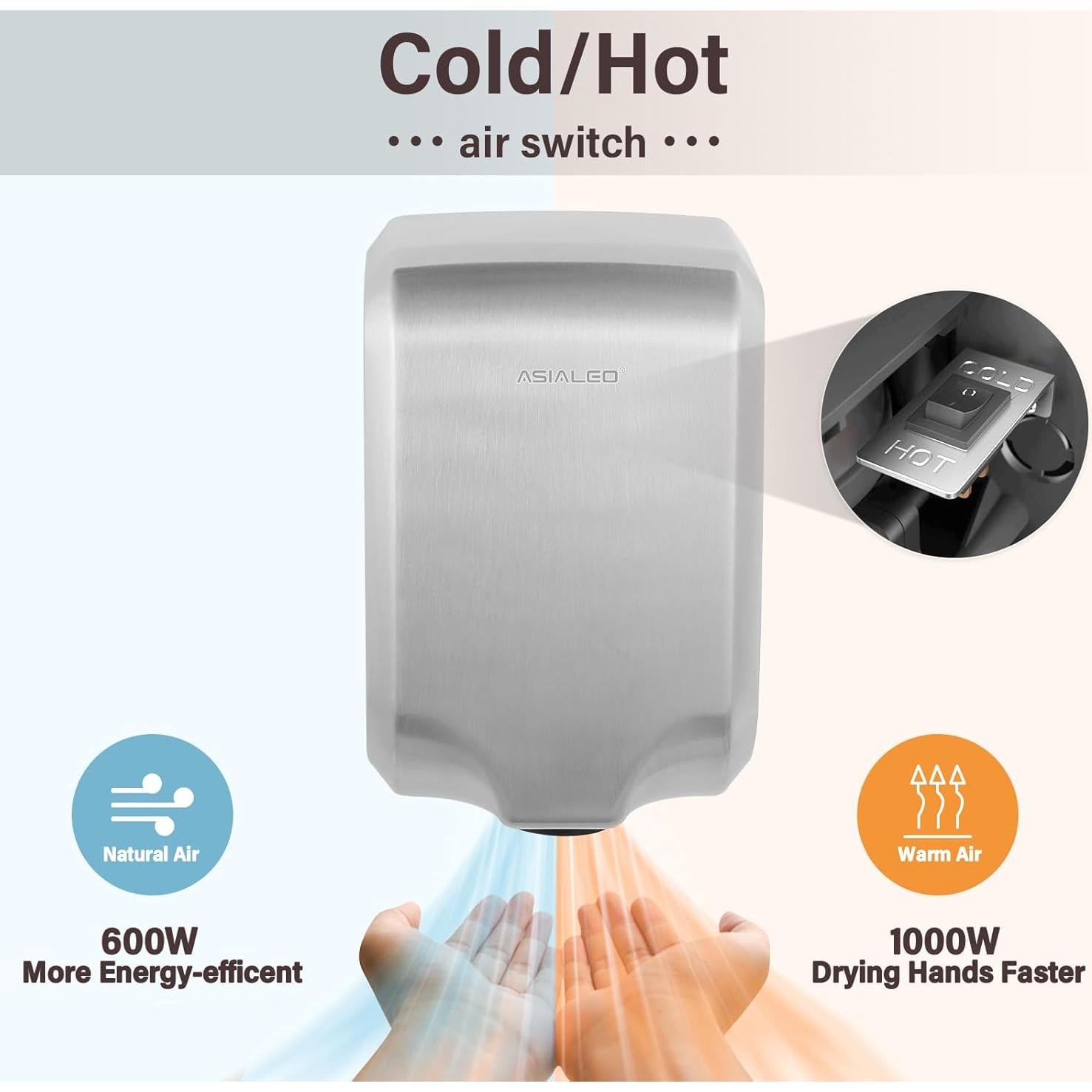 Secador de Manos Automático ASIALEO 1000W Acero Inoxidable