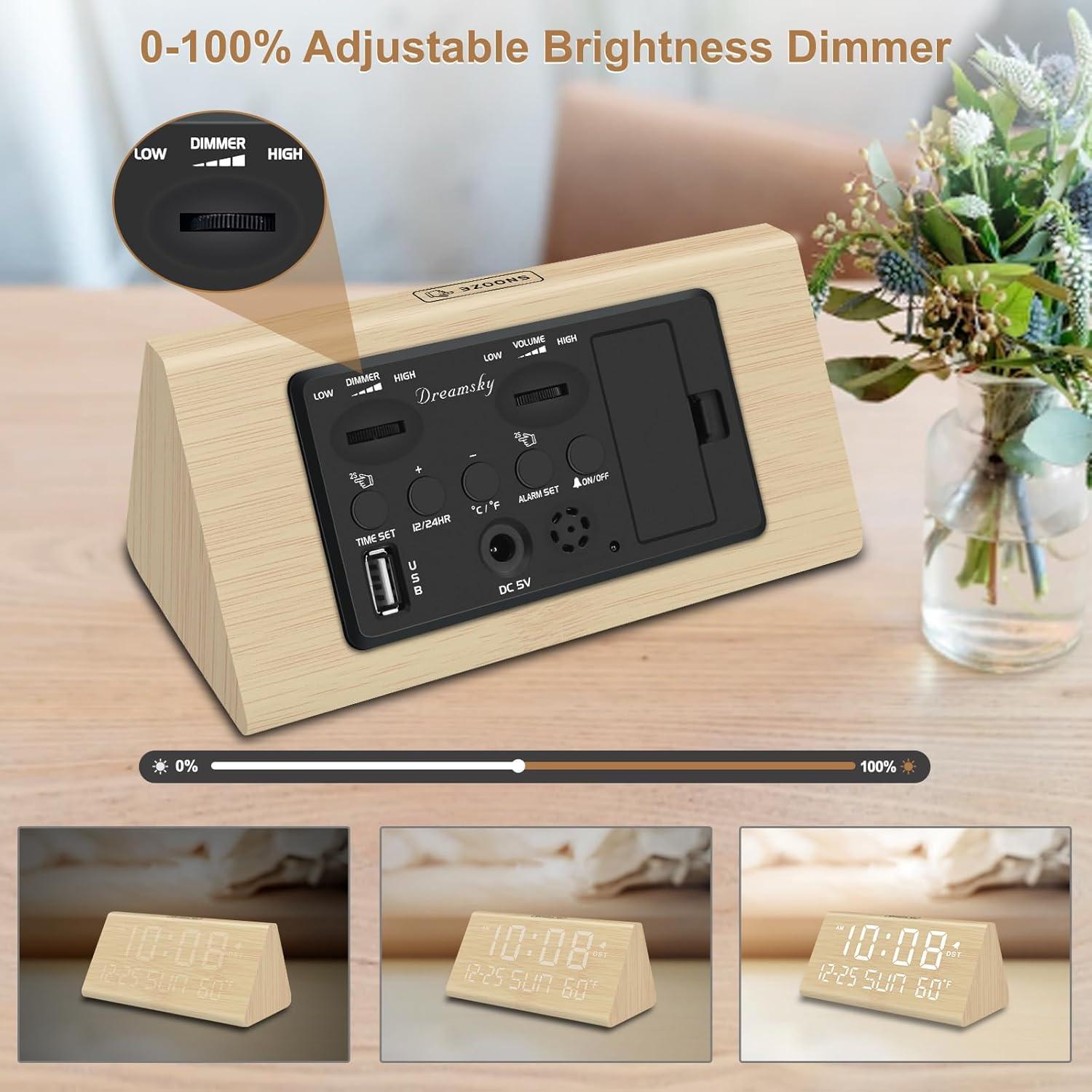 Reloj Despertador Digital DreamSky Madera con USB y Brillo Ajustable