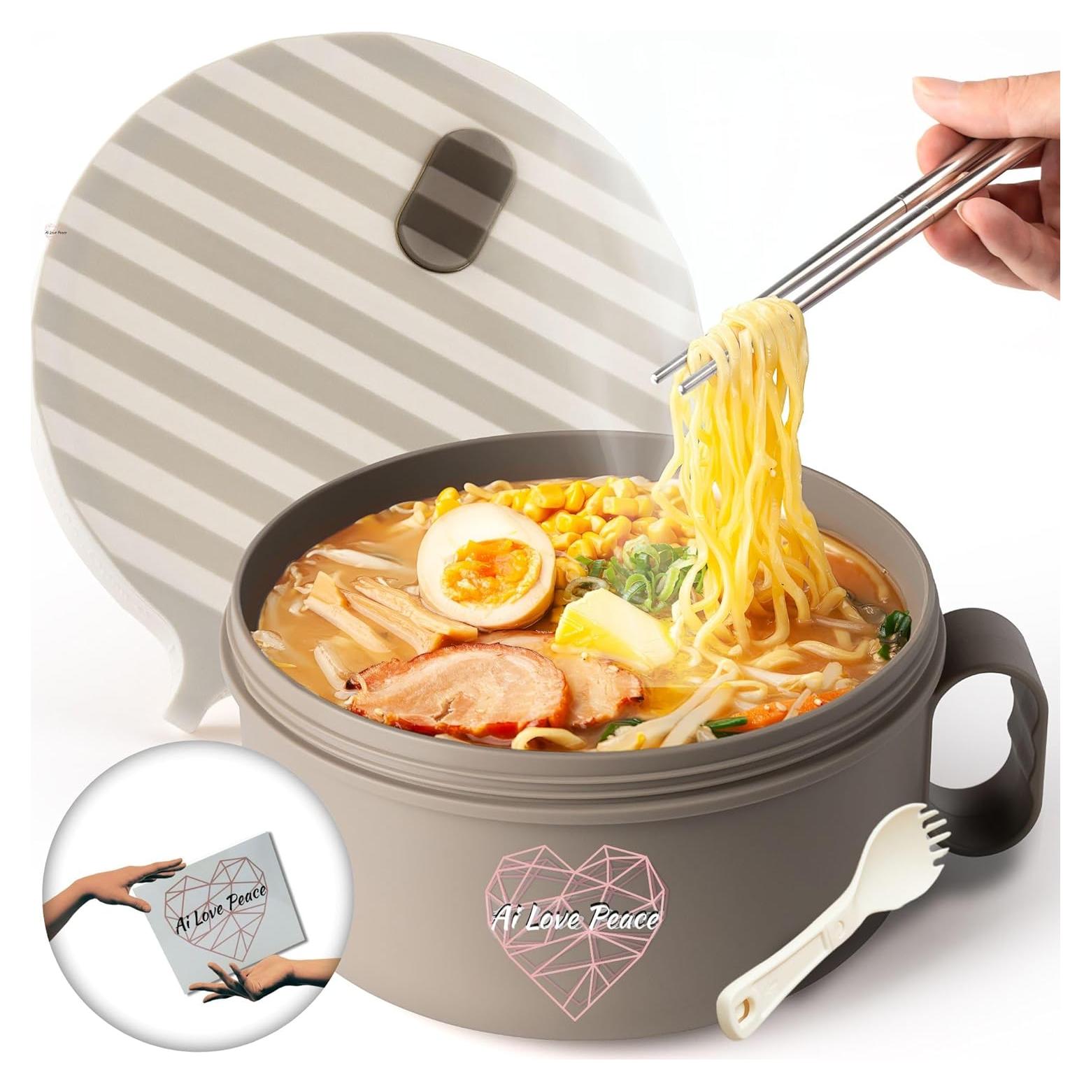 AI LOVE PEACE Ramen Bowl, 40 oz Microwaveable Noodle Cooker for Ramen, Pho, Soup, and Pasta, Dishwasher Safe and Portable, Ideal for Home, Office, Dorm, or Gift (Beige)