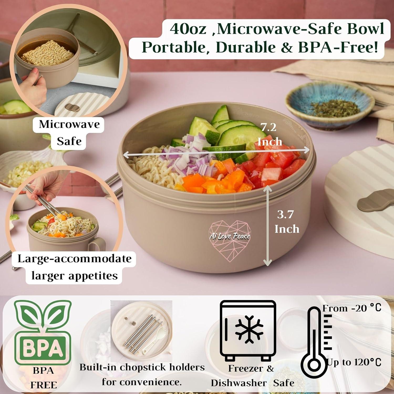 AI LOVE PEACE Ramen Bowl, 40 oz Microwaveable Noodle Cooker for Ramen, Pho, Soup, and Pasta, Dishwasher Safe and Portable, Ideal for Home, Office, Dorm, or Gift (Beige)