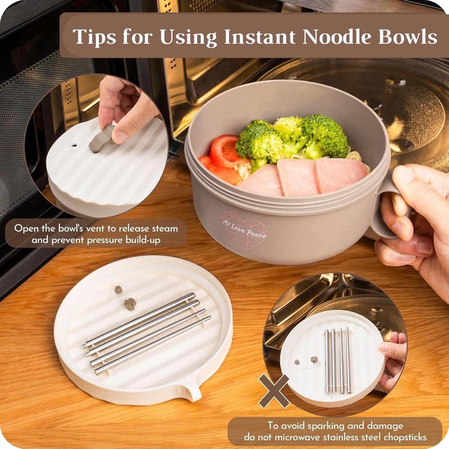 AI LOVE PEACE Ramen Bowl, 40 oz Microwaveable Noodle Cooker for Ramen, Pho, Soup, and Pasta, Dishwasher Safe and Portable, Ideal for Home, Office, Dorm, or Gift (Beige)