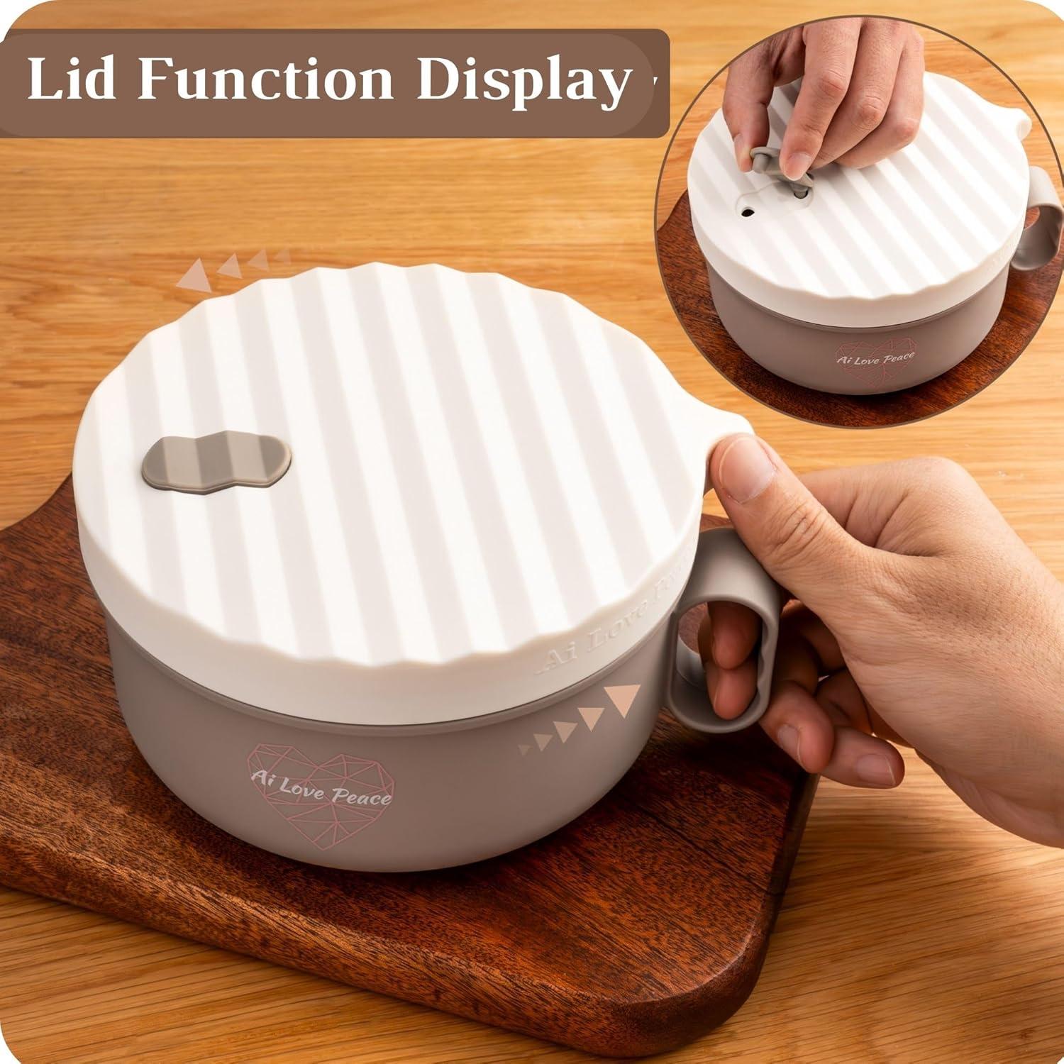 AI LOVE PEACE Ramen Bowl, 40 oz Microwaveable Noodle Cooker for Ramen, Pho, Soup, and Pasta, Dishwasher Safe and Portable, Ideal for Home, Office, Dorm, or Gift (Beige)