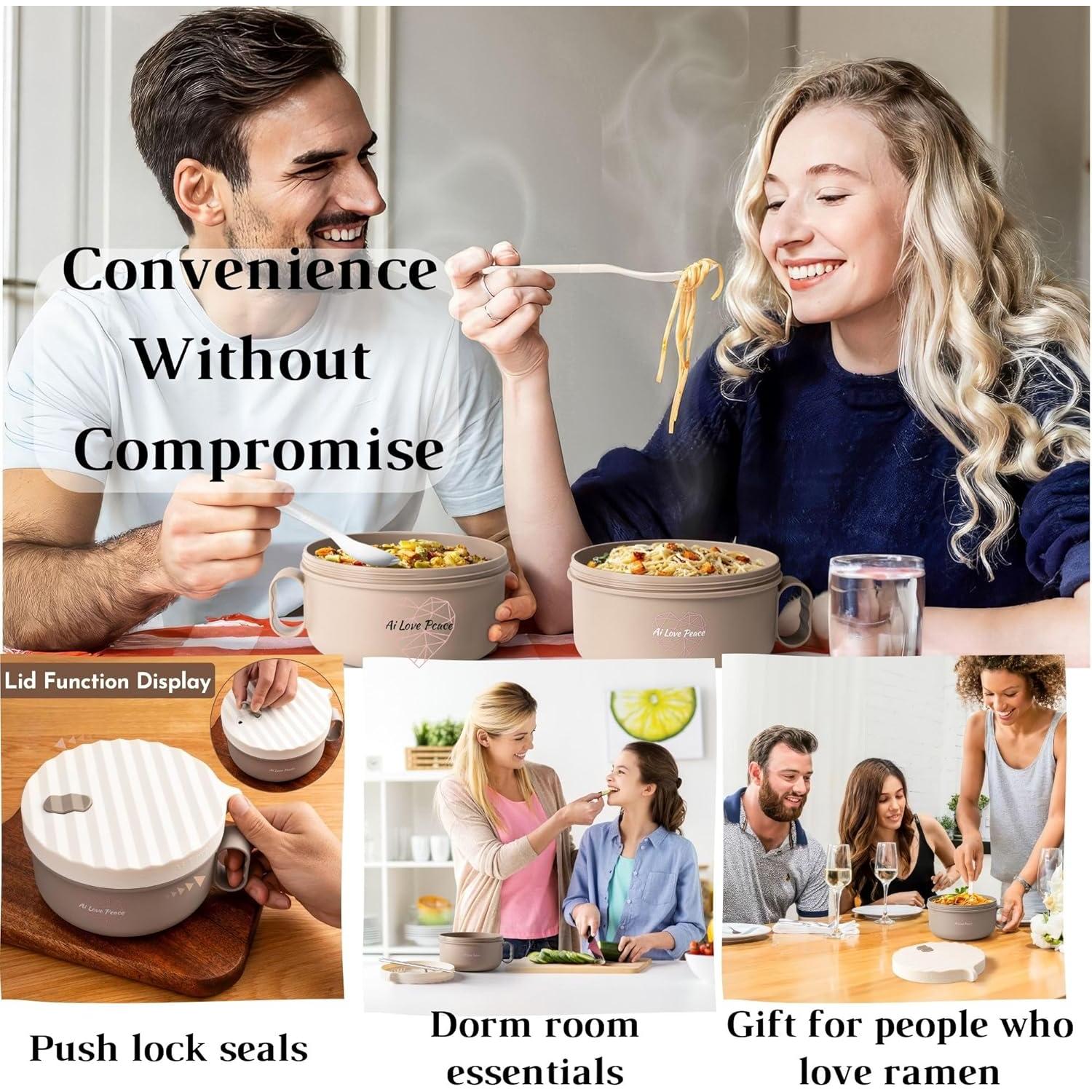AI LOVE PEACE Ramen Bowl, 40 oz Microwaveable Noodle Cooker for Ramen, Pho, Soup, and Pasta, Dishwasher Safe and Portable, Ideal for Home, Office, Dorm, or Gift (Beige)
