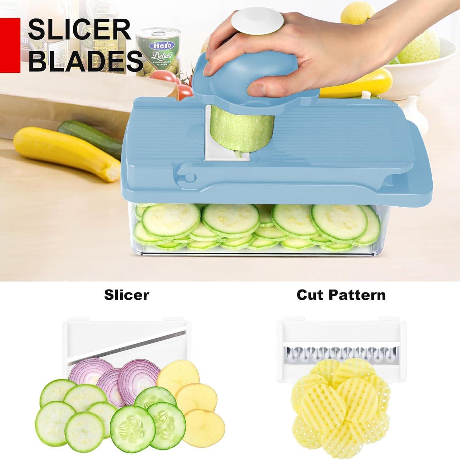 Picador de Verduras Amzeth 12 en 1 Manual con Contenedor Azul