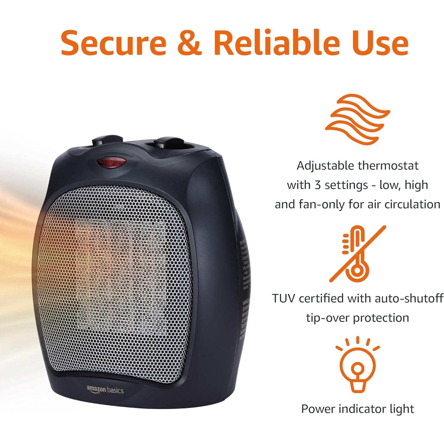 Calentador de Cerámica Amazon Basics 1500W Negro Portátil