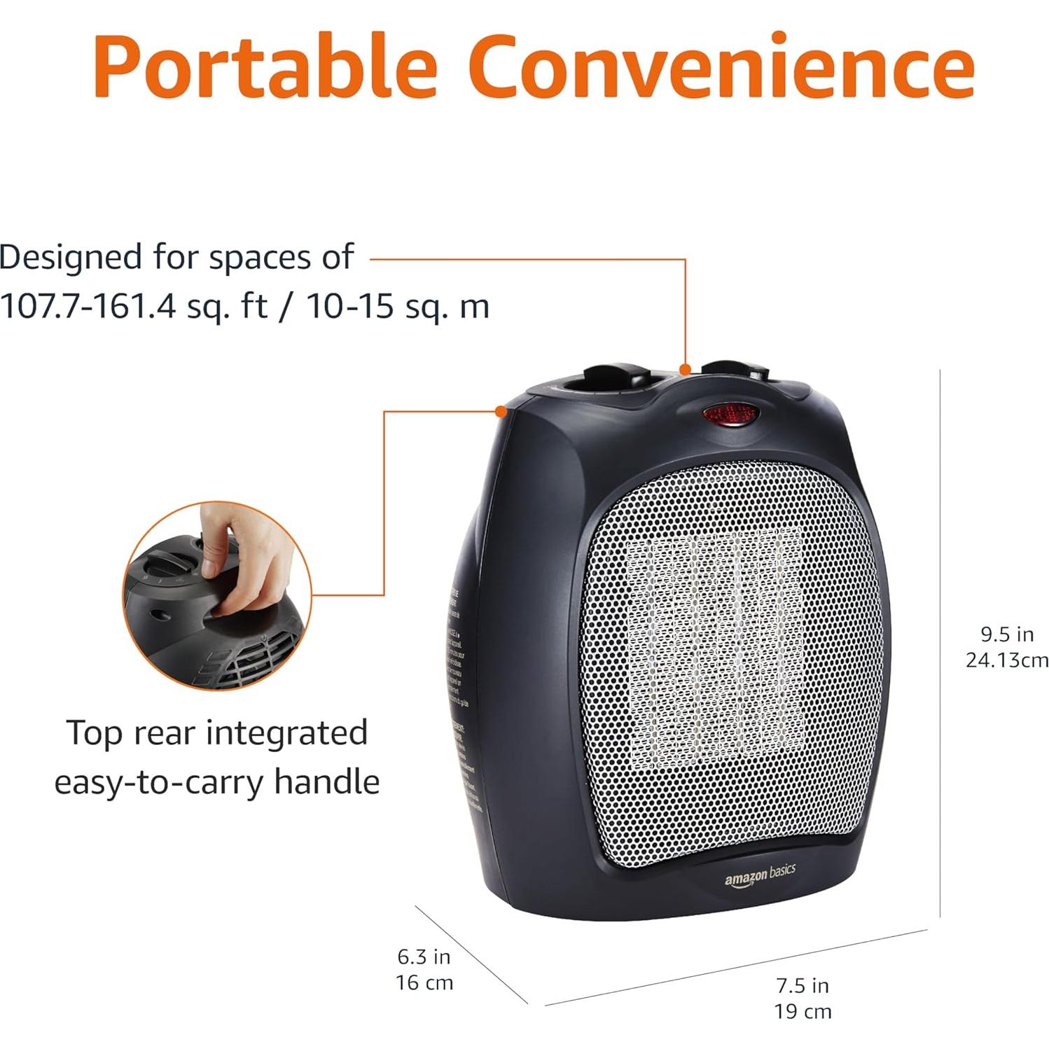 Calentador de Cerámica Amazon Basics 1500W Negro Portátil