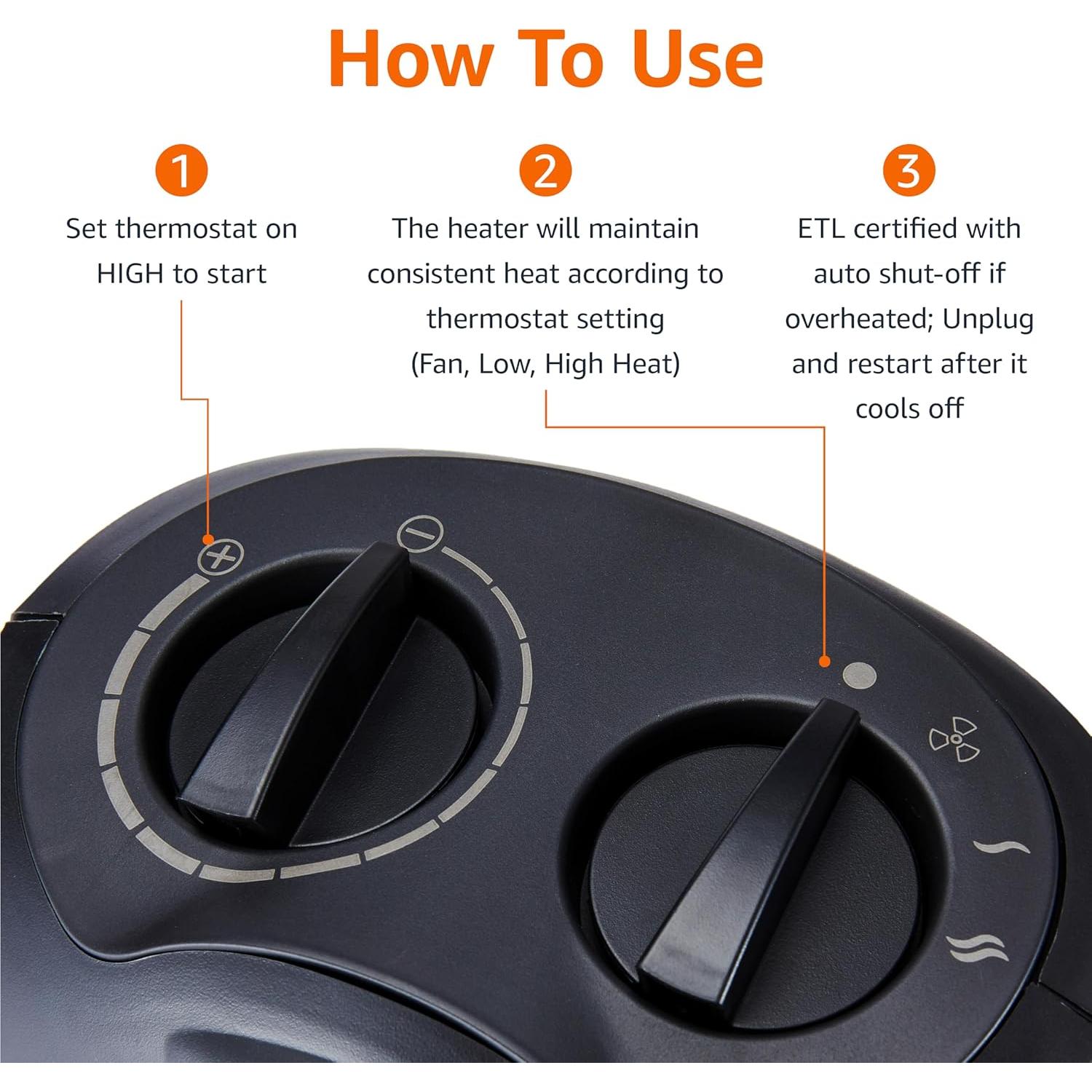 Calentador de Cerámica Amazon Basics 1500W Negro Portátil